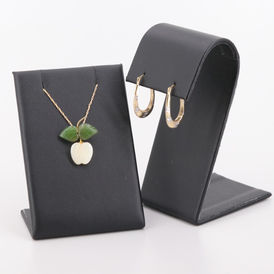 14K Yellow Gold Mother of Pearl and Nephrite Necklace with 10K Gold Earrings Set