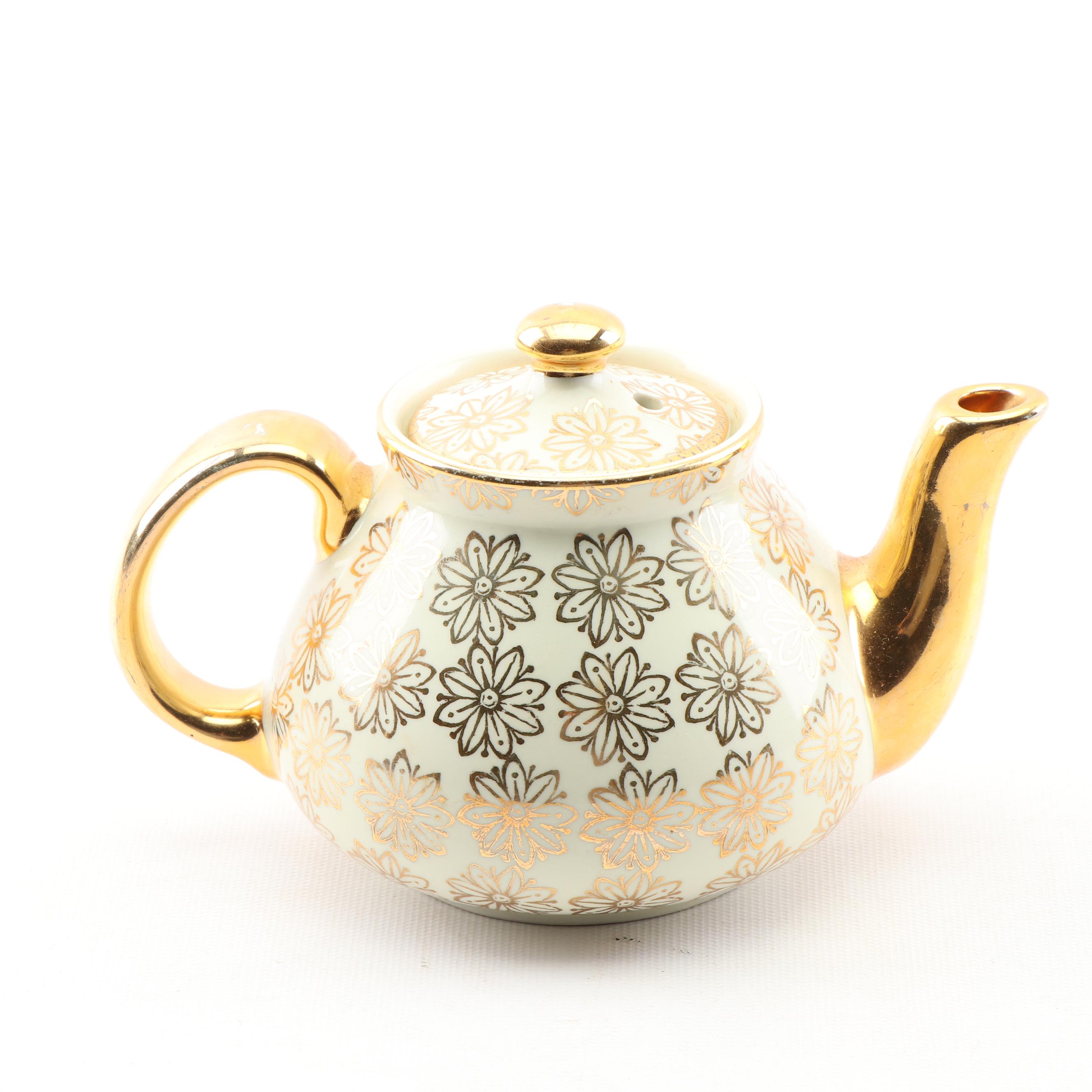 Hall 2-Cup Gold Lustre Teapot and Wedgwood "Wild Strawberry" Miniature Teapot