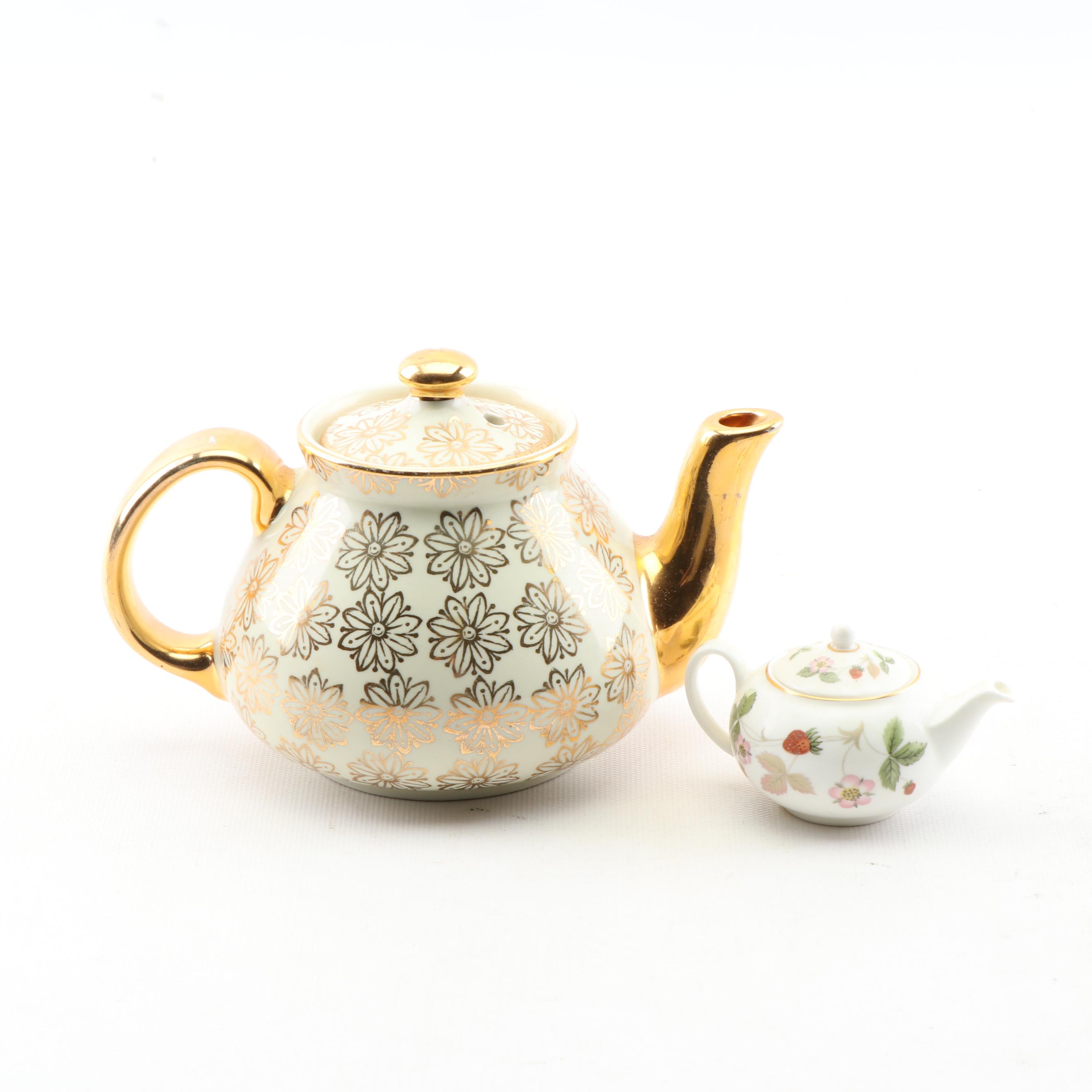 Hall 2-Cup Gold Lustre Teapot and Wedgwood "Wild Strawberry" Miniature Teapot