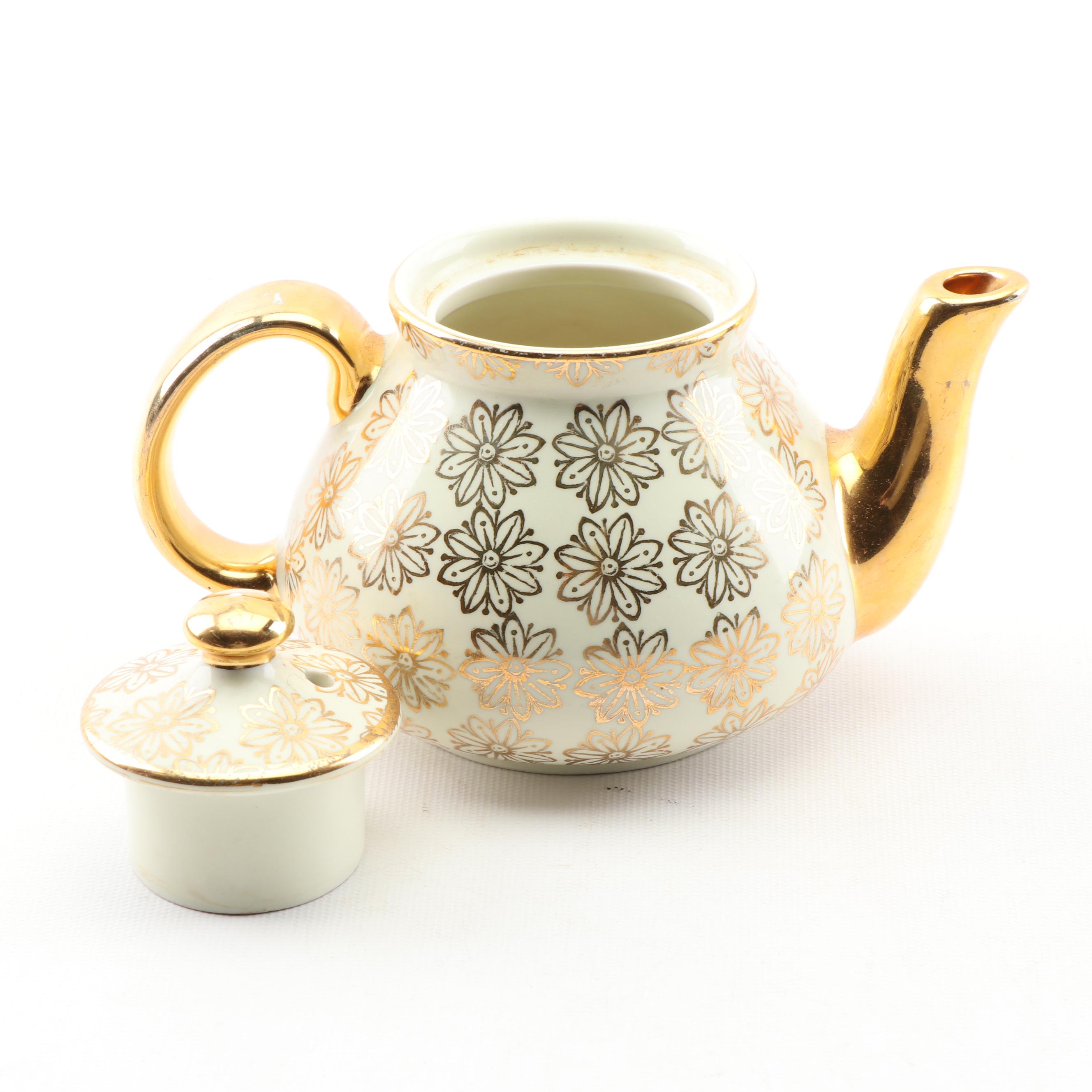 Hall 2-Cup Gold Lustre Teapot and Wedgwood "Wild Strawberry" Miniature Teapot