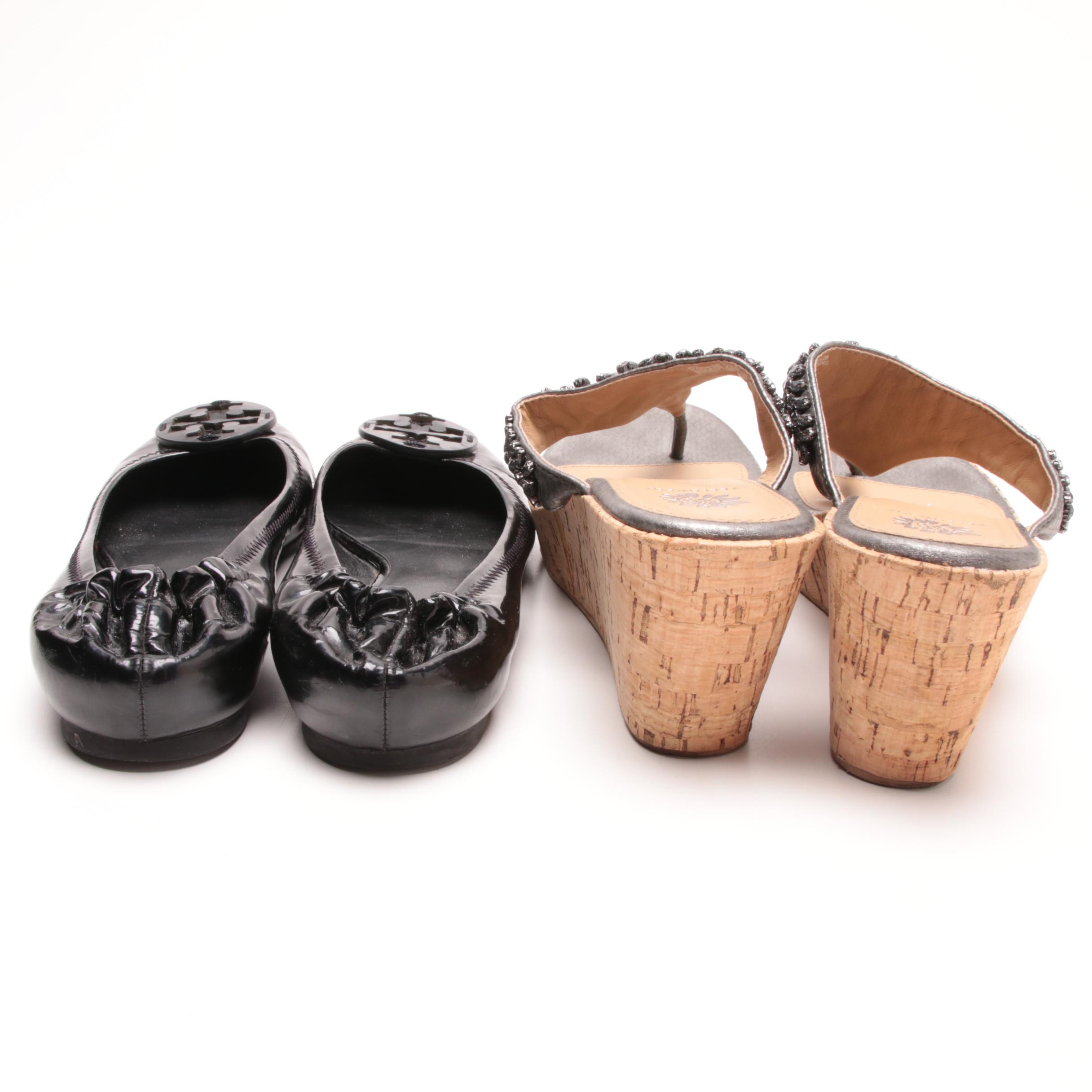 Tory Burch Black Patent Leather Flats and Yellow Box Thong Cork Wedge Sandals