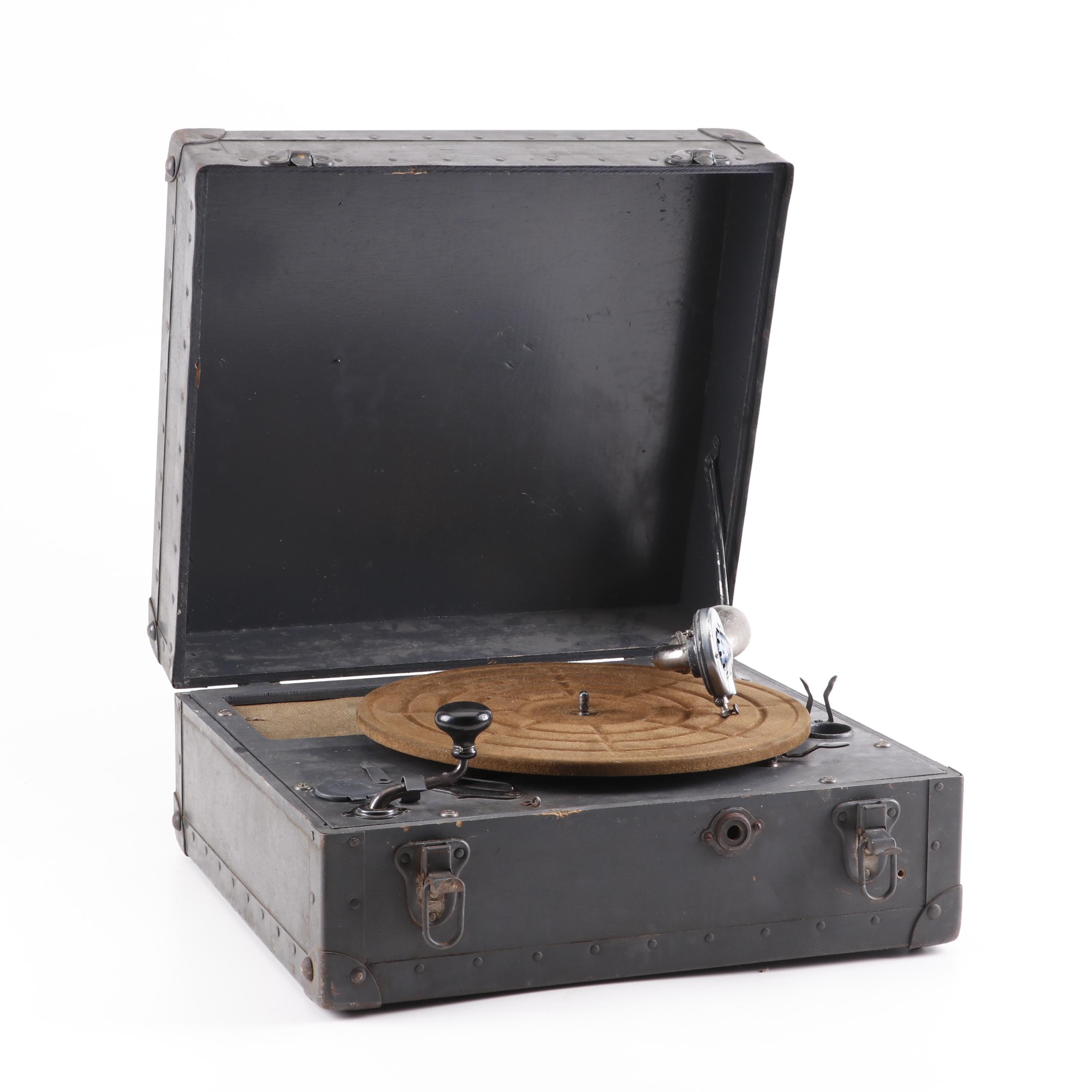 Hand Crank Record Player in Metal Travel Case, Early 20th Century