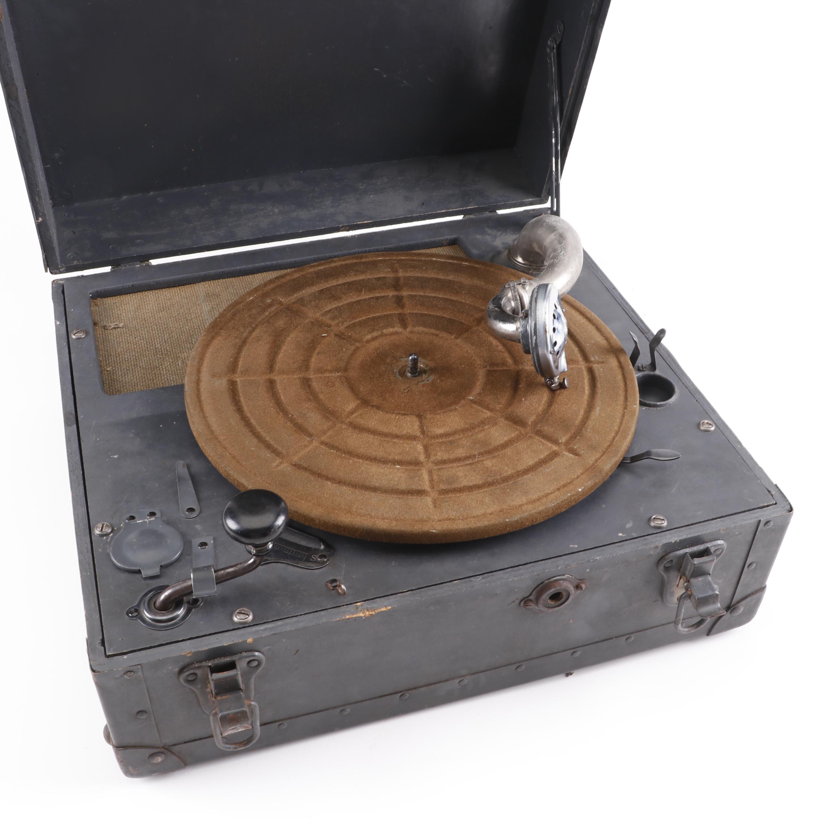 Hand Crank Record Player in Metal Travel Case, Early 20th Century