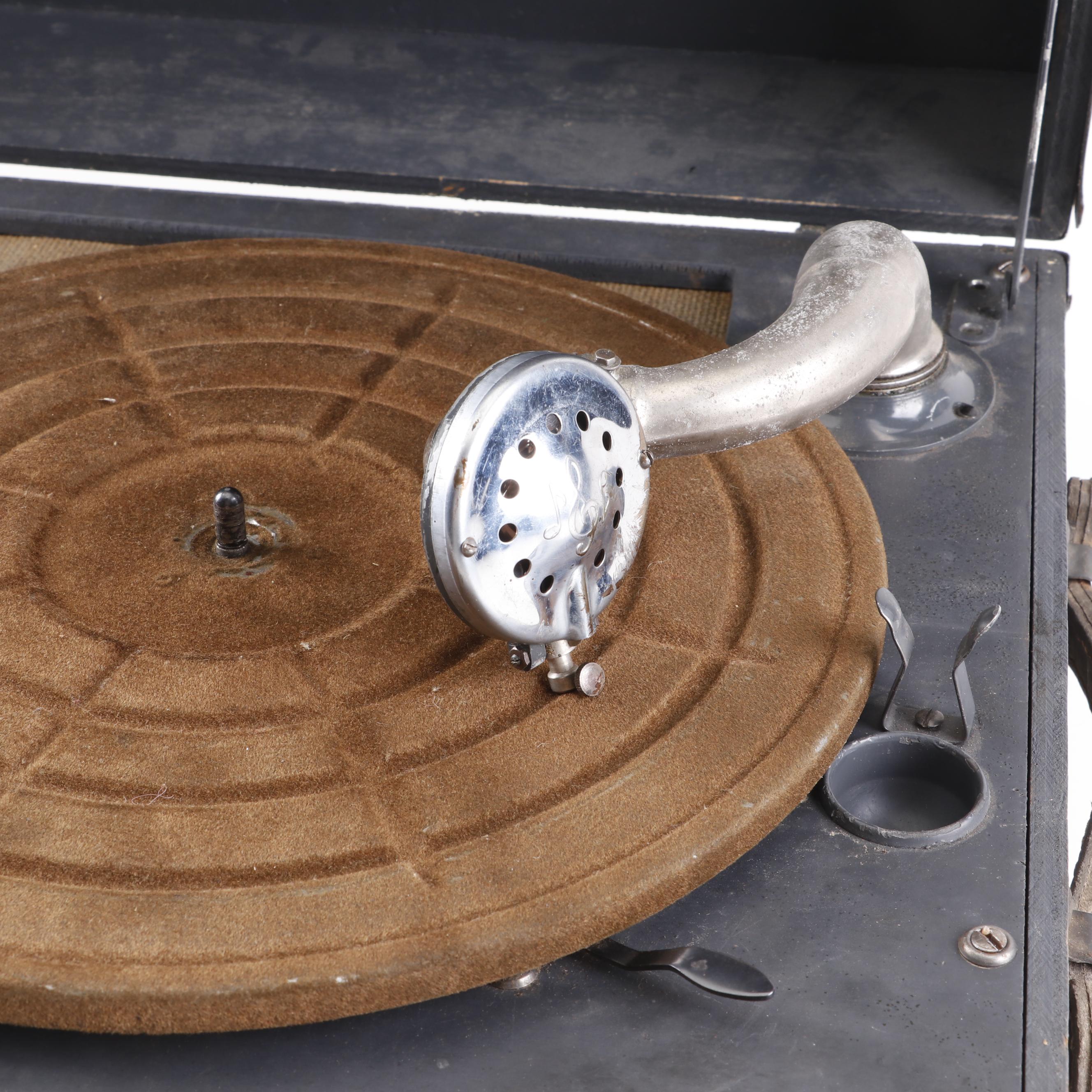 Hand Crank Record Player in Metal Travel Case, Early 20th Century