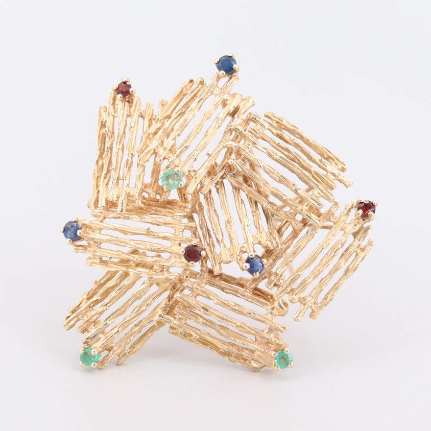 14K Yellow Gold Sapphire, Emerald and Garnet Converter Brooch