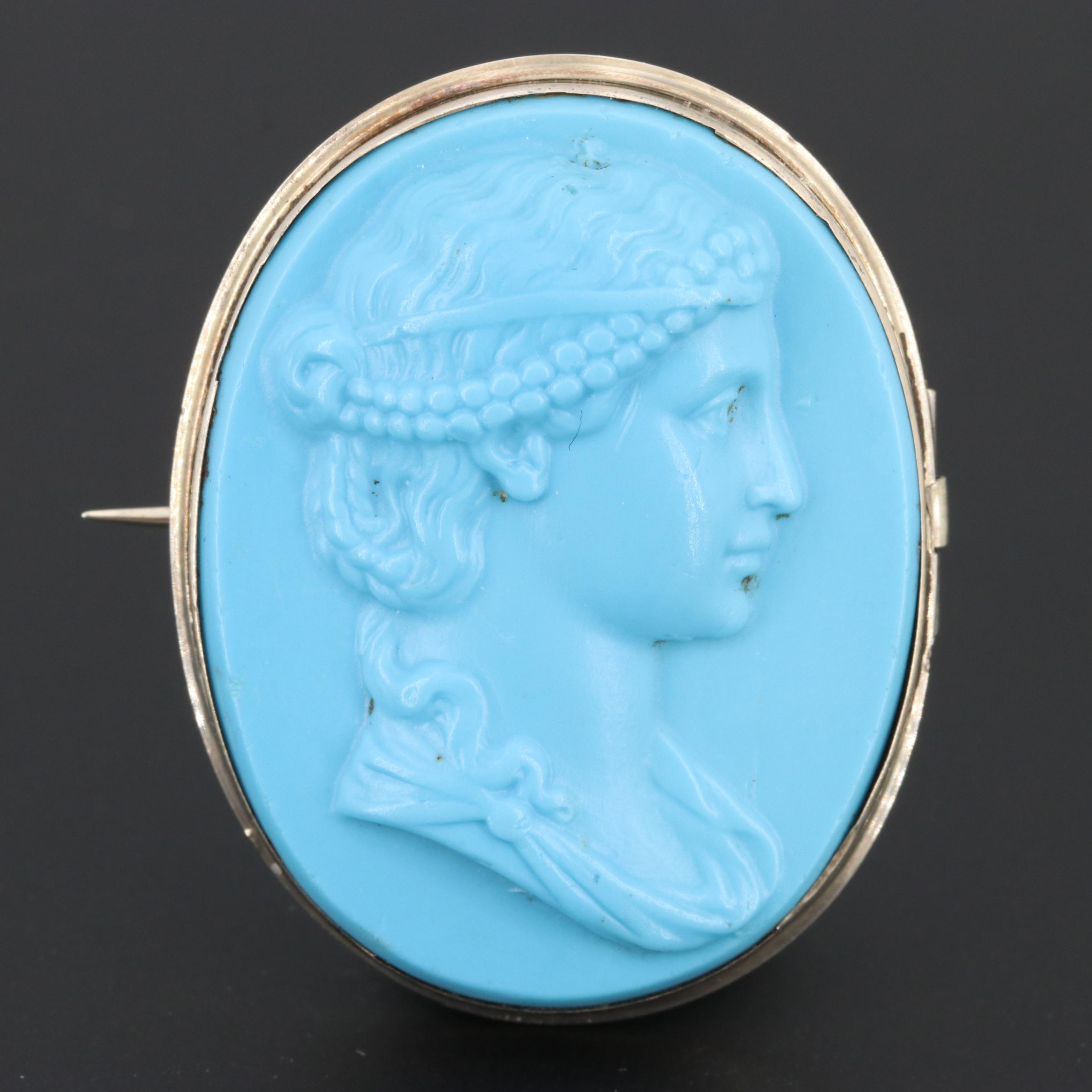 Victorian 10K Yellow Gold Blue Glass Cameo Brooch