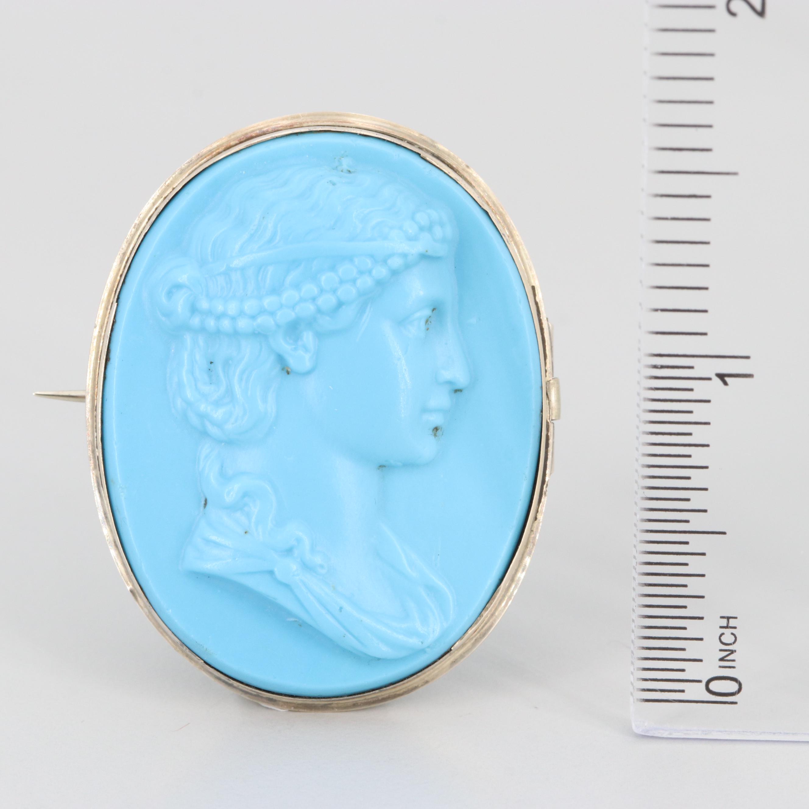 Victorian 10K Yellow Gold Blue Glass Cameo Brooch