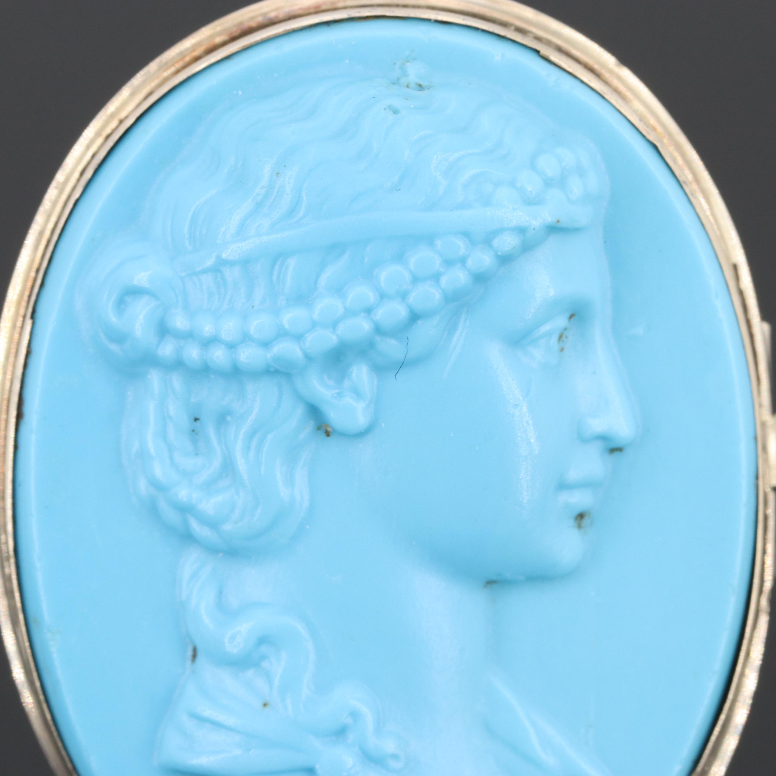 Victorian 10K Yellow Gold Blue Glass Cameo Brooch