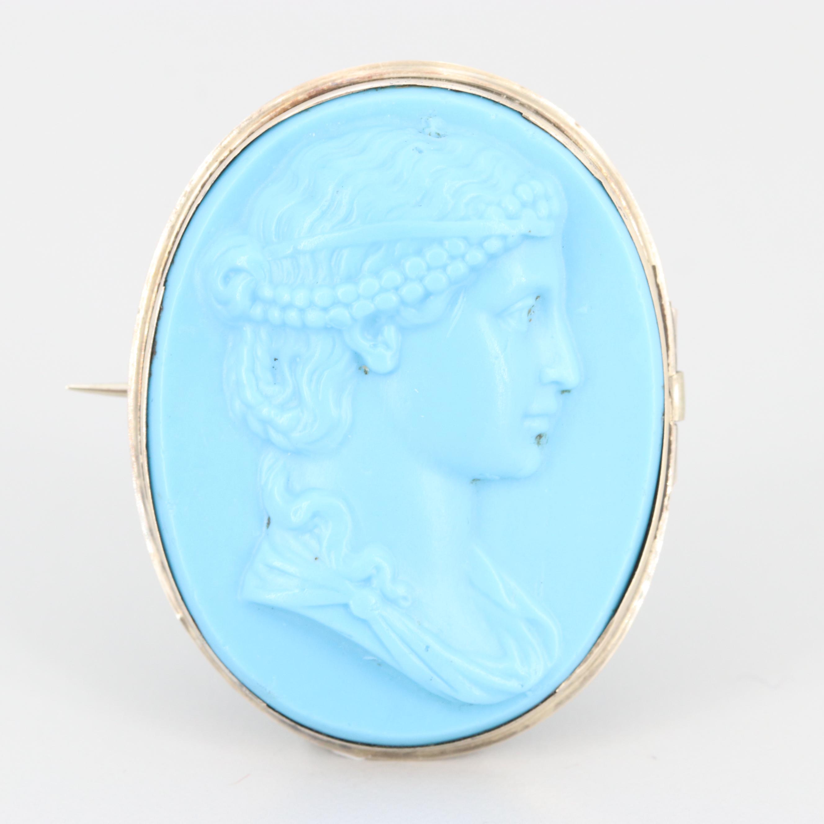 Victorian 10K Yellow Gold Blue Glass Cameo Brooch