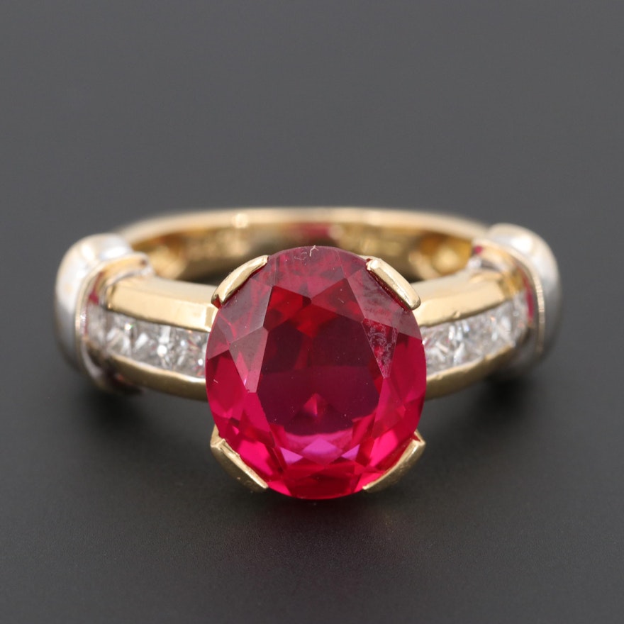 18K Yellow Gold Synthetic Ruby and Diamond Ring with White Gold Accents