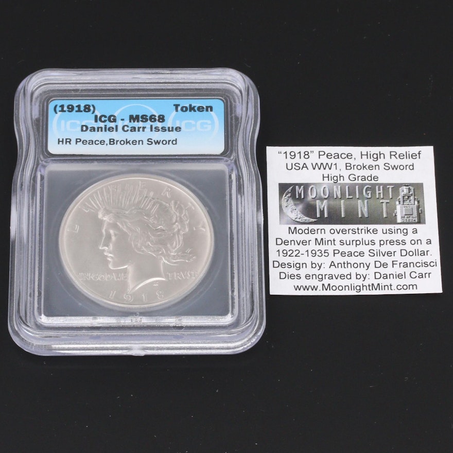 ICG Graded MS68 Fantasy 1918 Peace Dollar Token by Daniel Carr