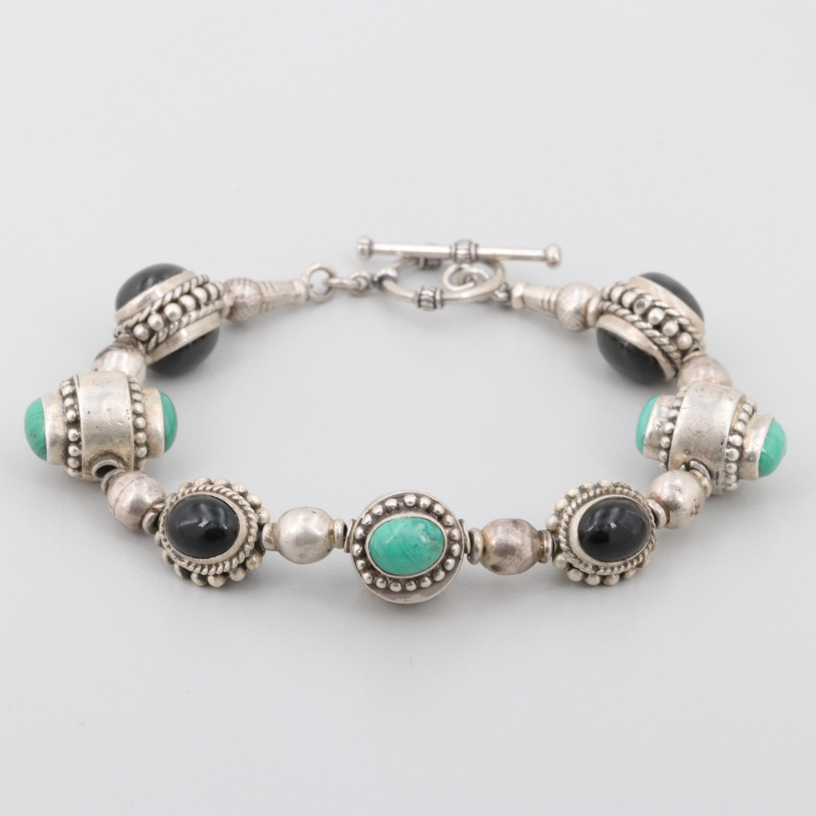 Sterling Silver Malachite, Star Diopside and Black Onyx Bracelet