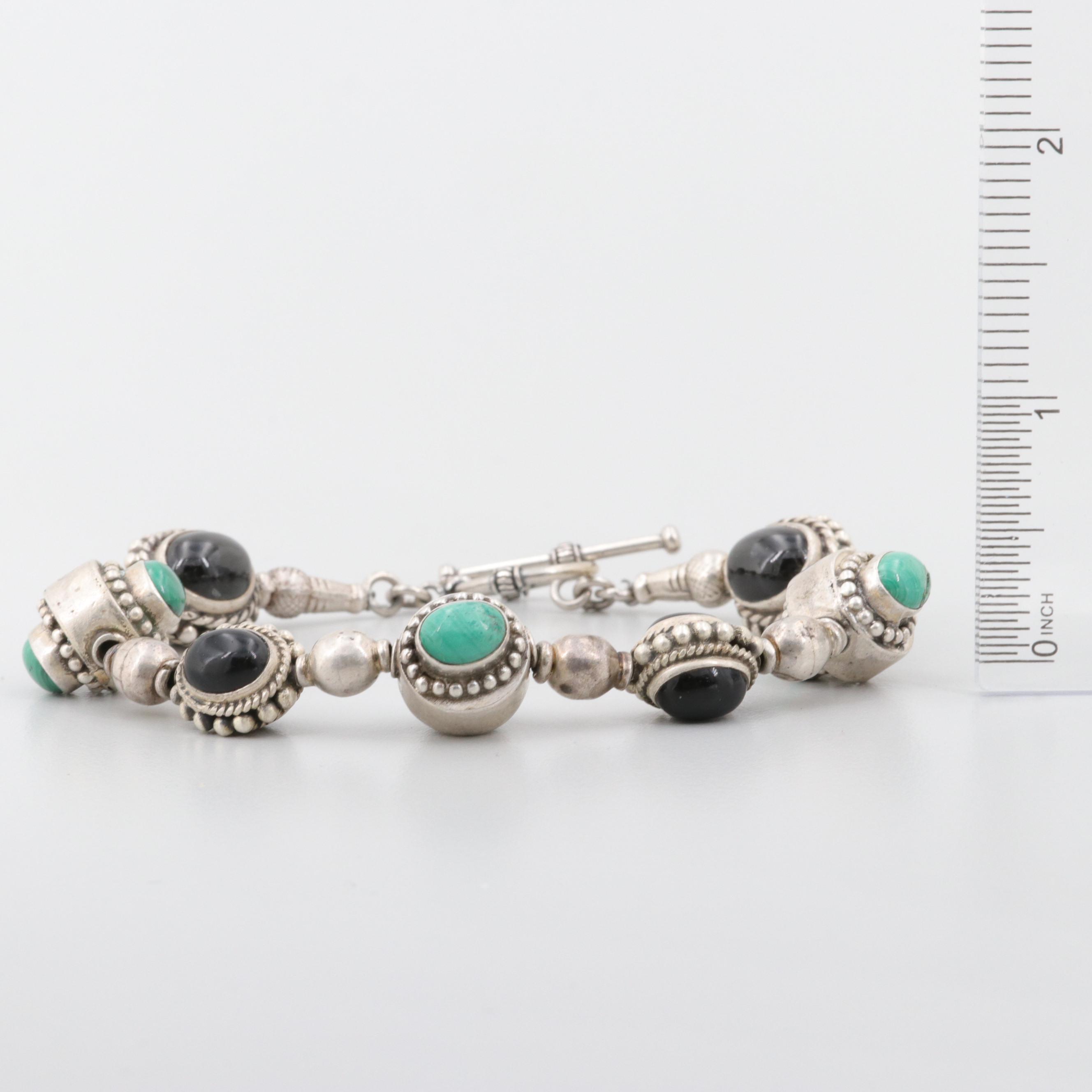 Sterling Silver Malachite, Star Diopside and Black Onyx Bracelet