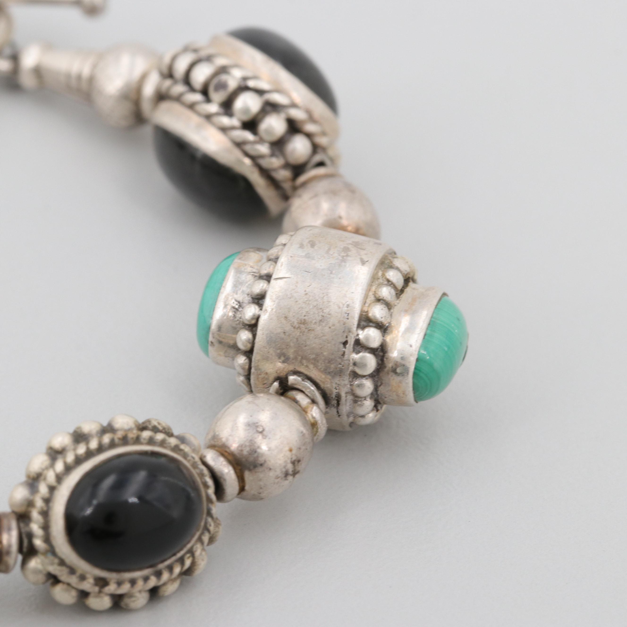 Sterling Silver Malachite, Star Diopside and Black Onyx Bracelet