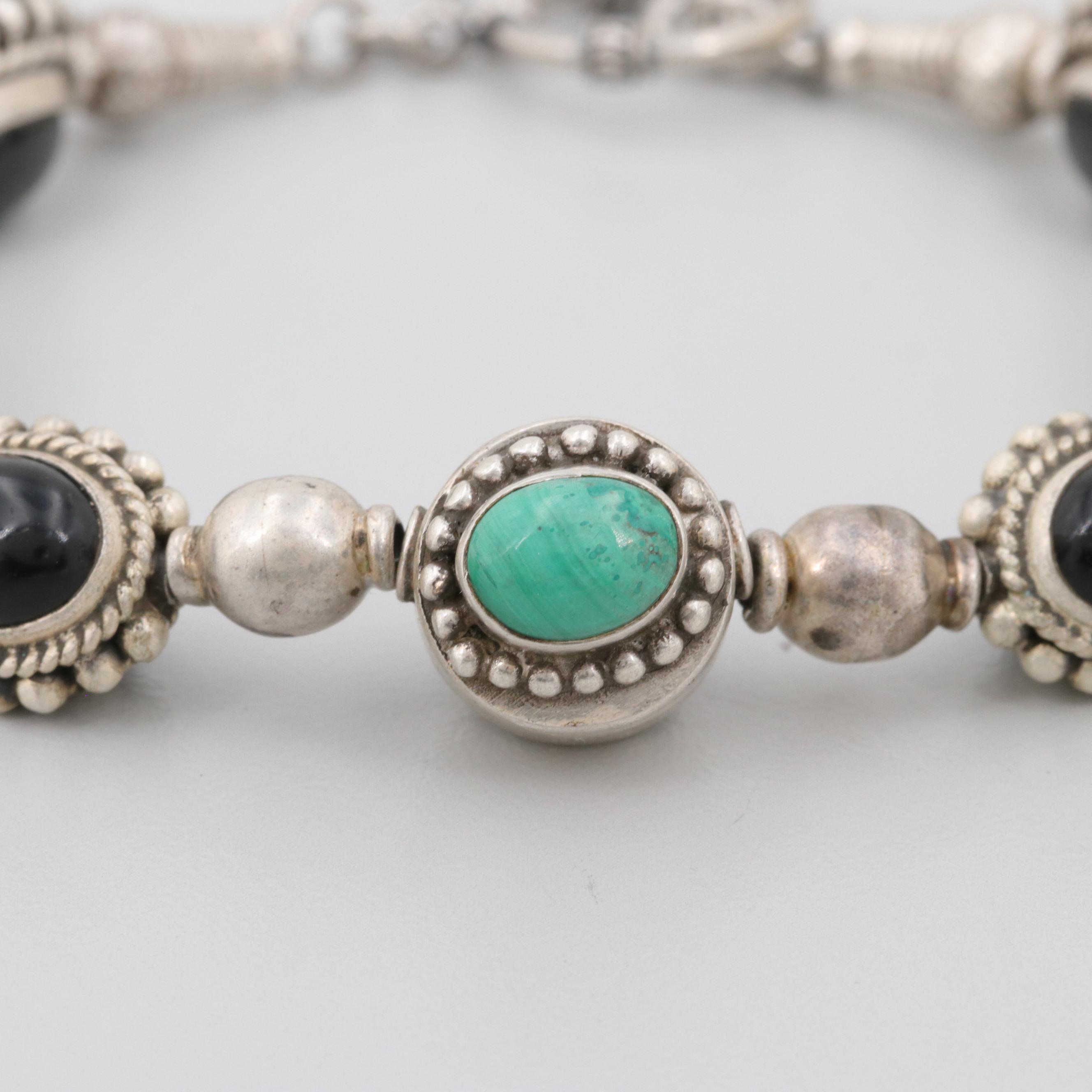 Sterling Silver Malachite, Star Diopside and Black Onyx Bracelet
