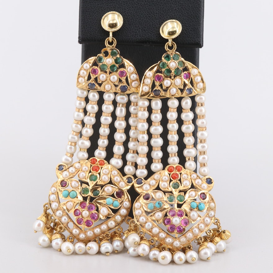 18K Yellow Gold Ruby, Sapphire, Emerald and Gemstone Chandelier Earrings