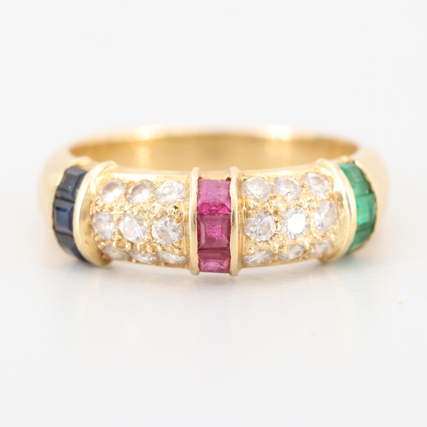 18K Yellow Gold Ruby, Diamond, Emerald, and Blue Sapphire Ring