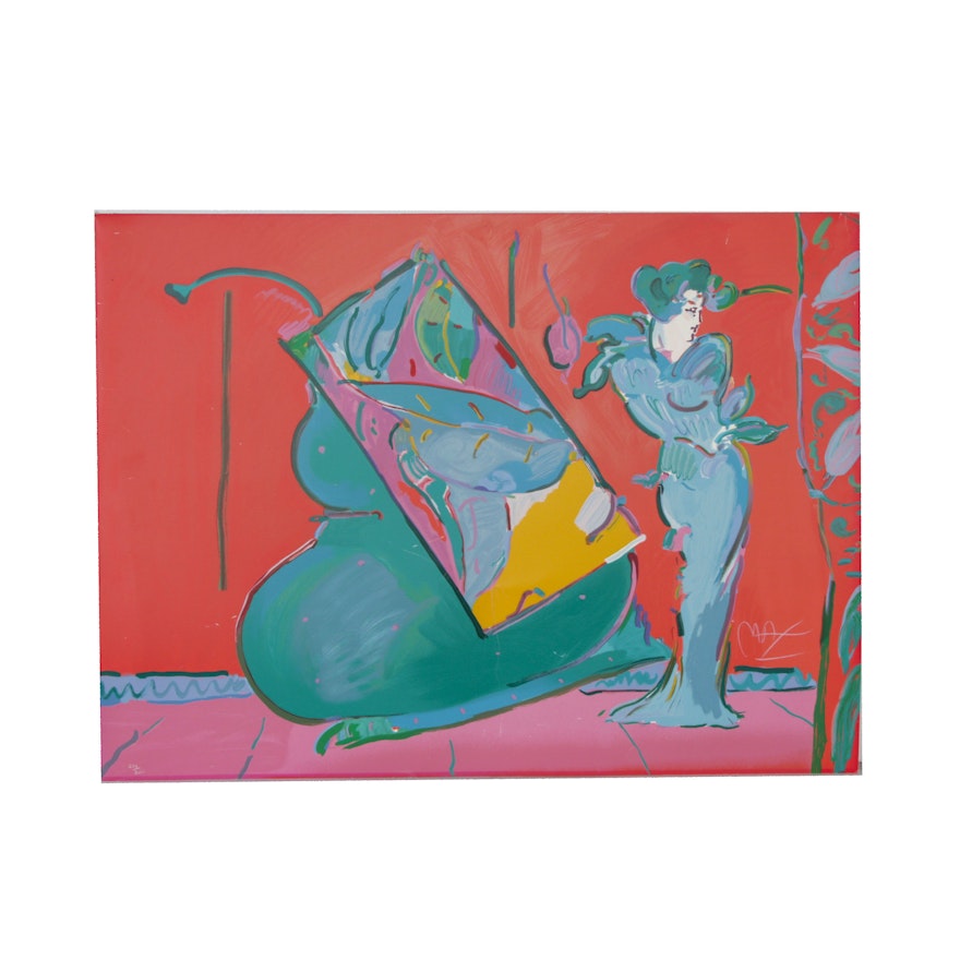 Peter Max Serigraph "Lady on Red with Floating Vase"