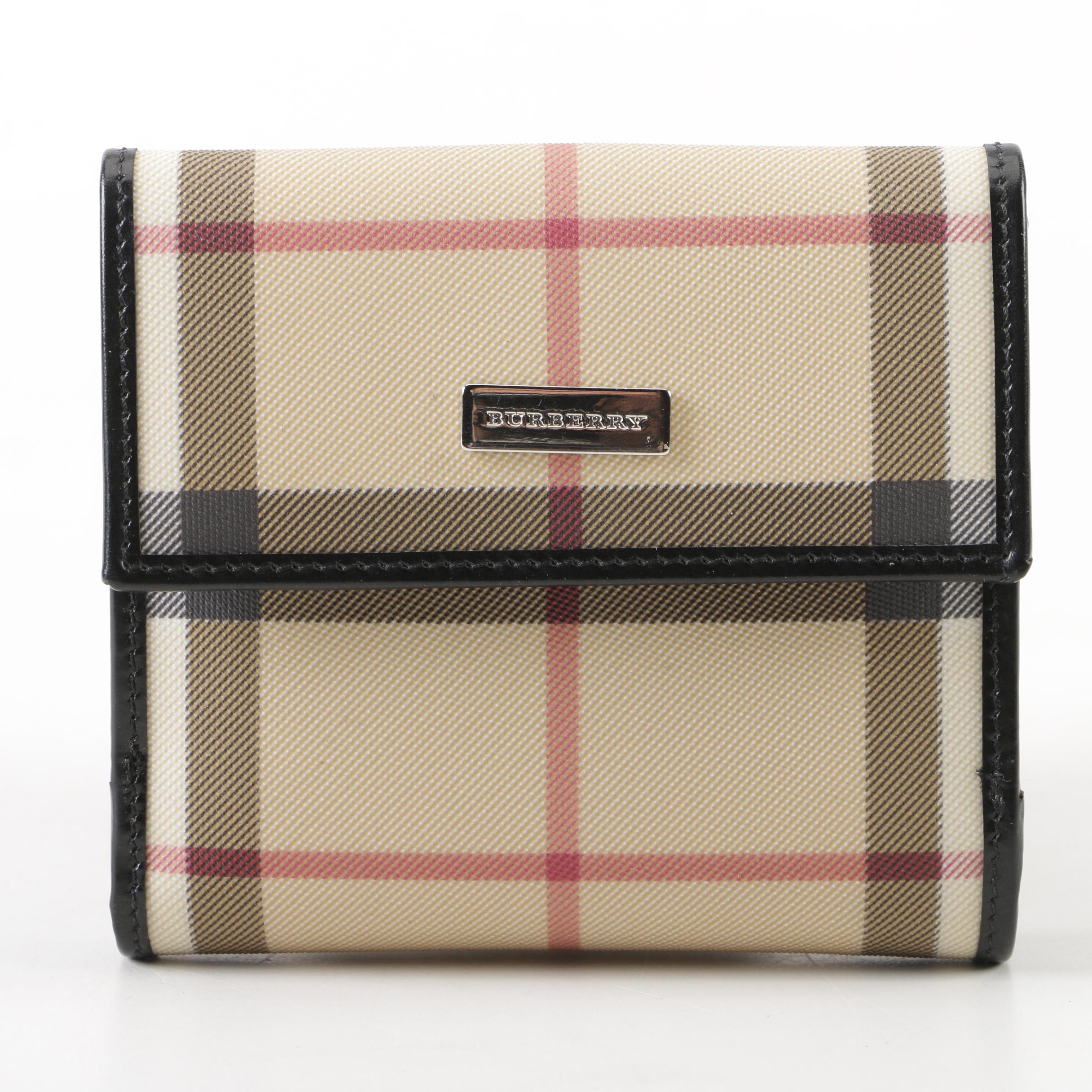 Burberry London "Nova Check” Coated Canvas and Black Leather Bifold Wallet
