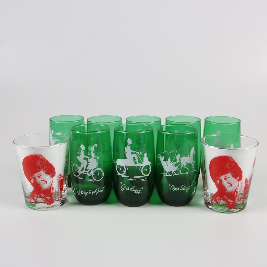 Anchor Hocking "Gay Nineties" Forest Green Tumblers with Libbey "Don Ho" Glasses