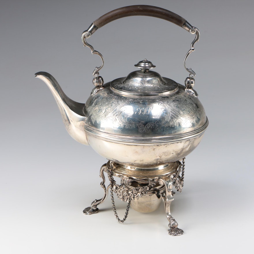 Edwardian Sterling Silver Tea Kettle on Stand, Lambert & Co., 1902