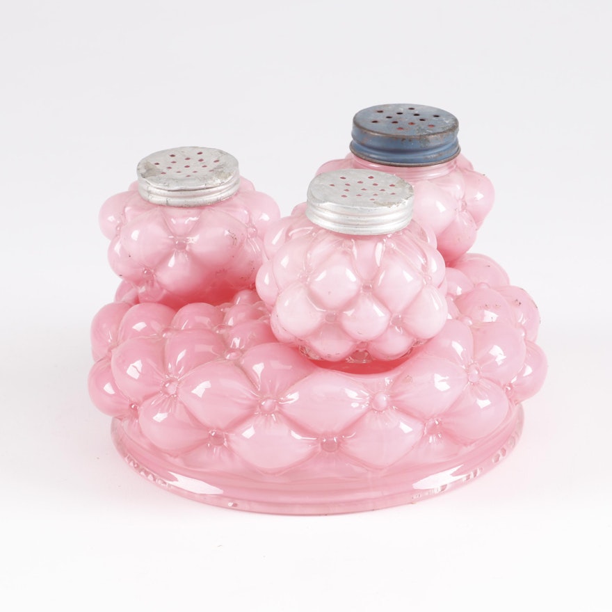 Quilted Pink Glass Spice Shakers with Base, Mid-Century