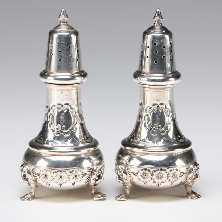 Pair of American Sterling Silver Salt and Pepper Casters with Lion Masks