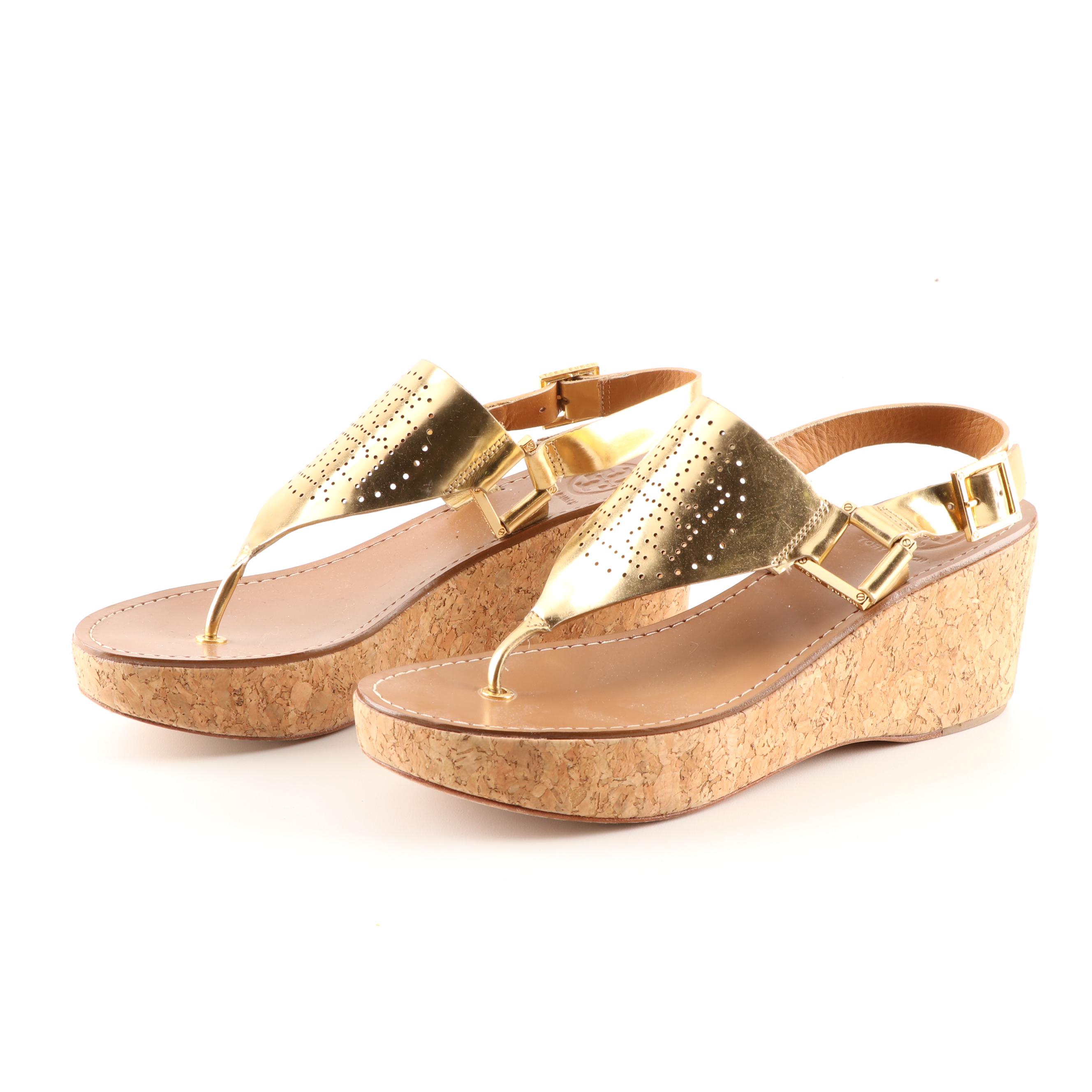 Women's Tory Burch Metallic Gold Leather Cork Wedge Sandals