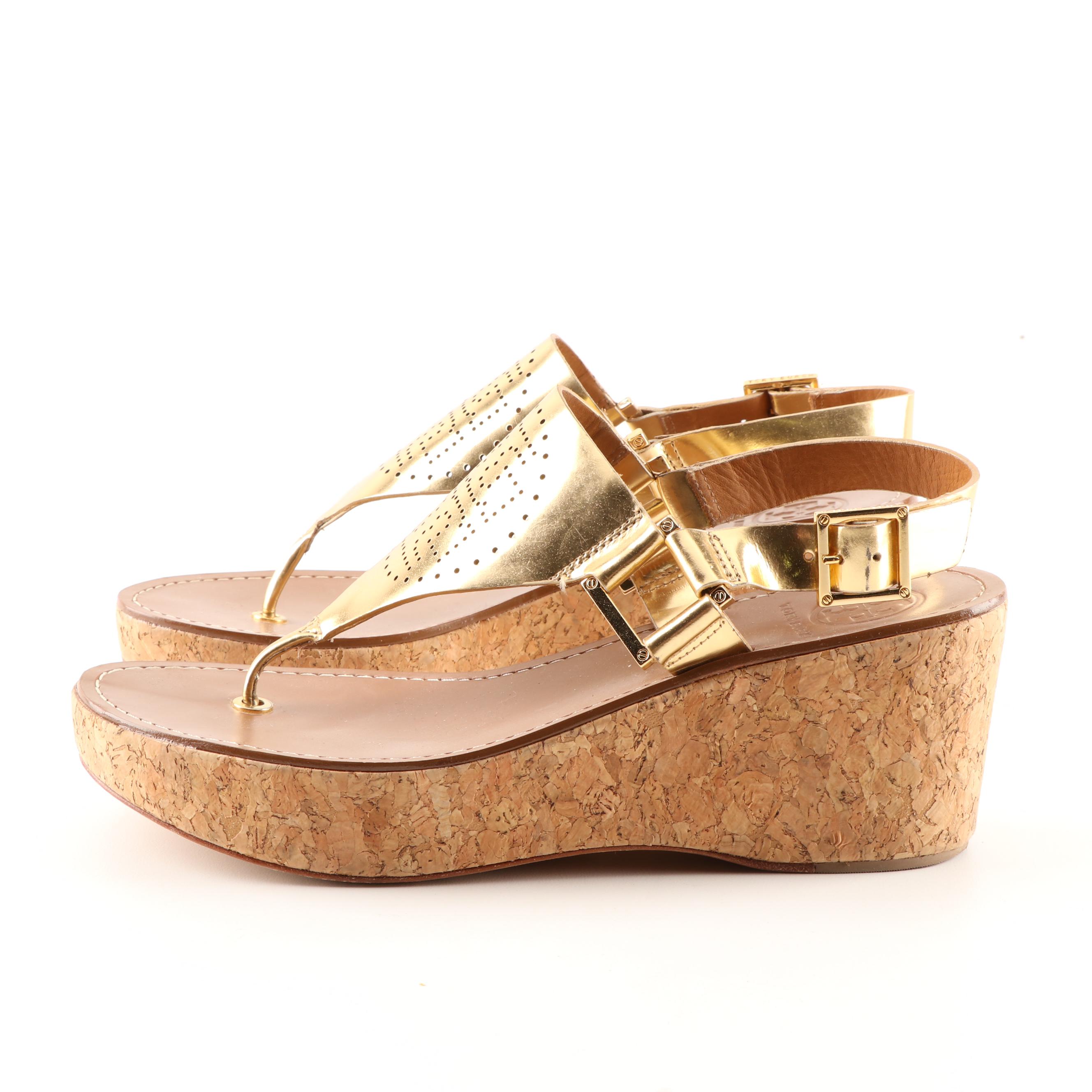 Women's Tory Burch Metallic Gold Leather Cork Wedge Sandals
