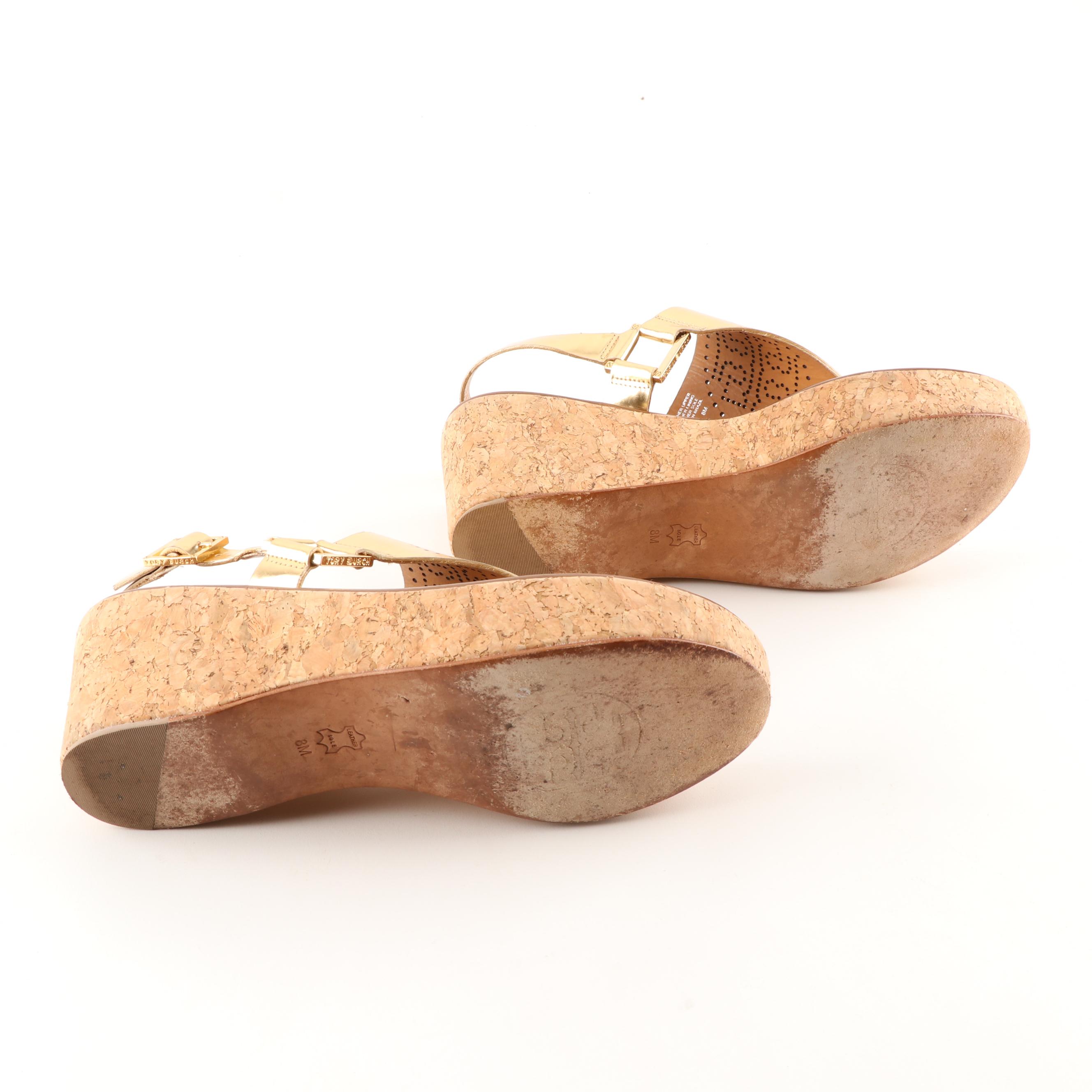 Women's Tory Burch Metallic Gold Leather Cork Wedge Sandals