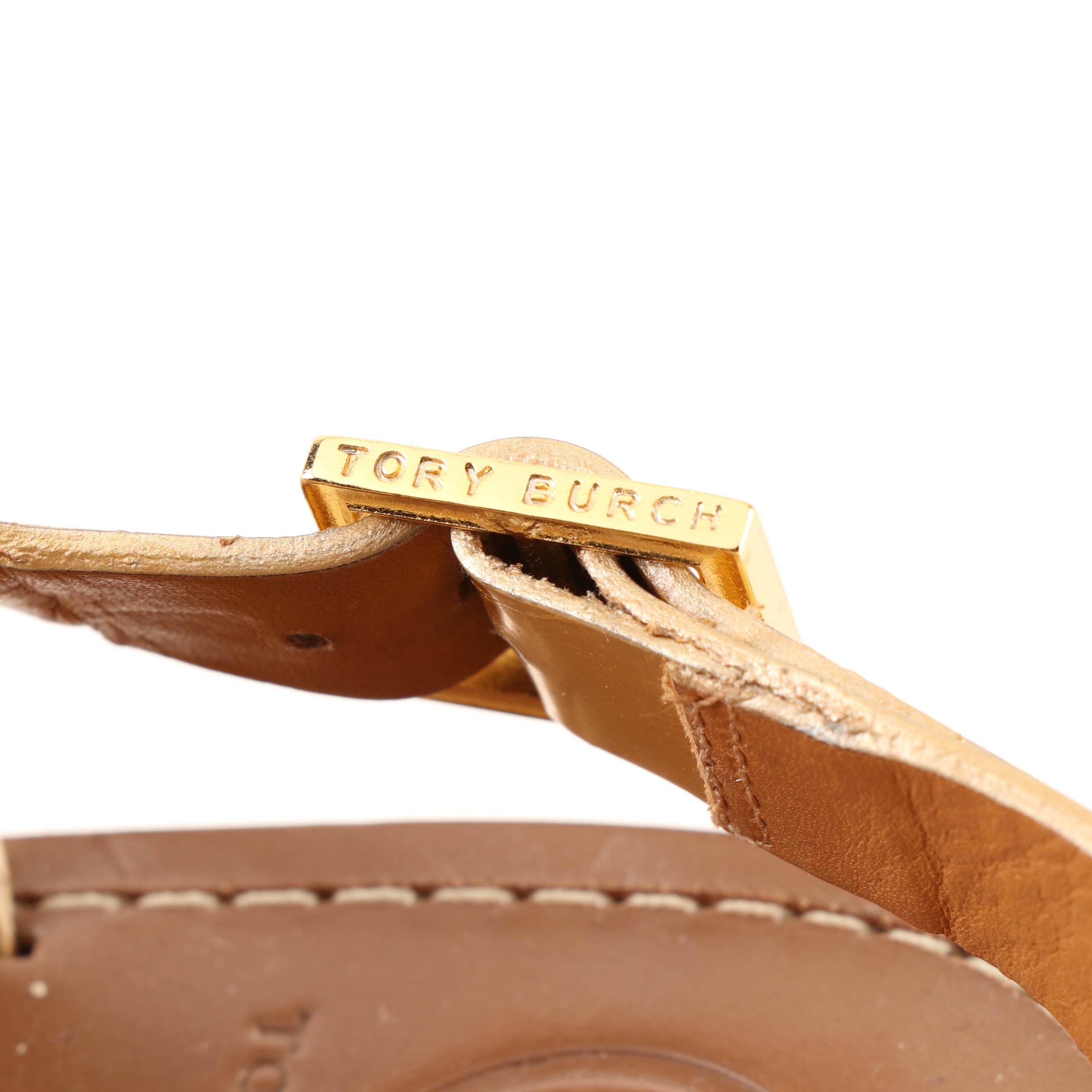 Women's Tory Burch Metallic Gold Leather Cork Wedge Sandals