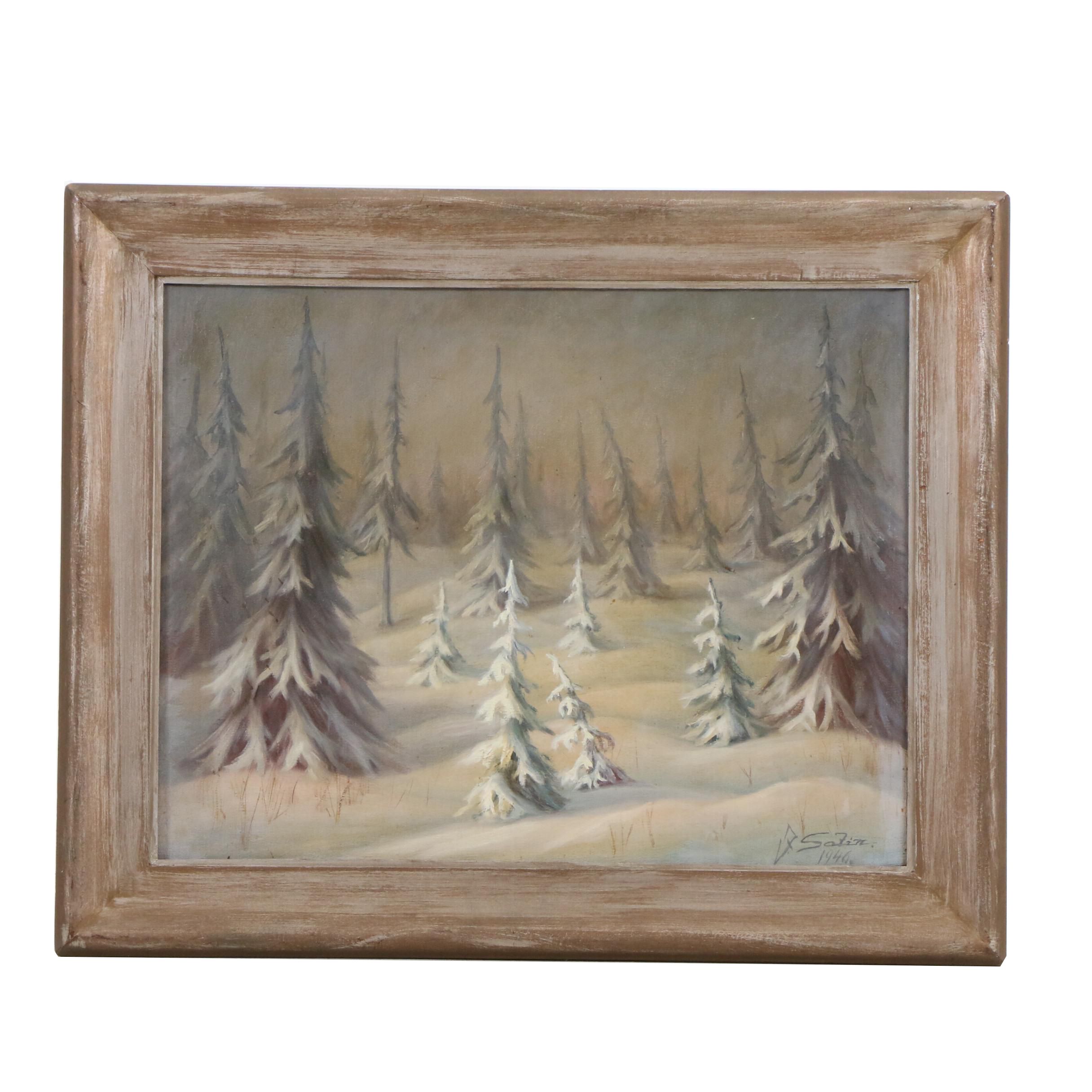 Mid Century Safin Oil Painting of Pines in Winter