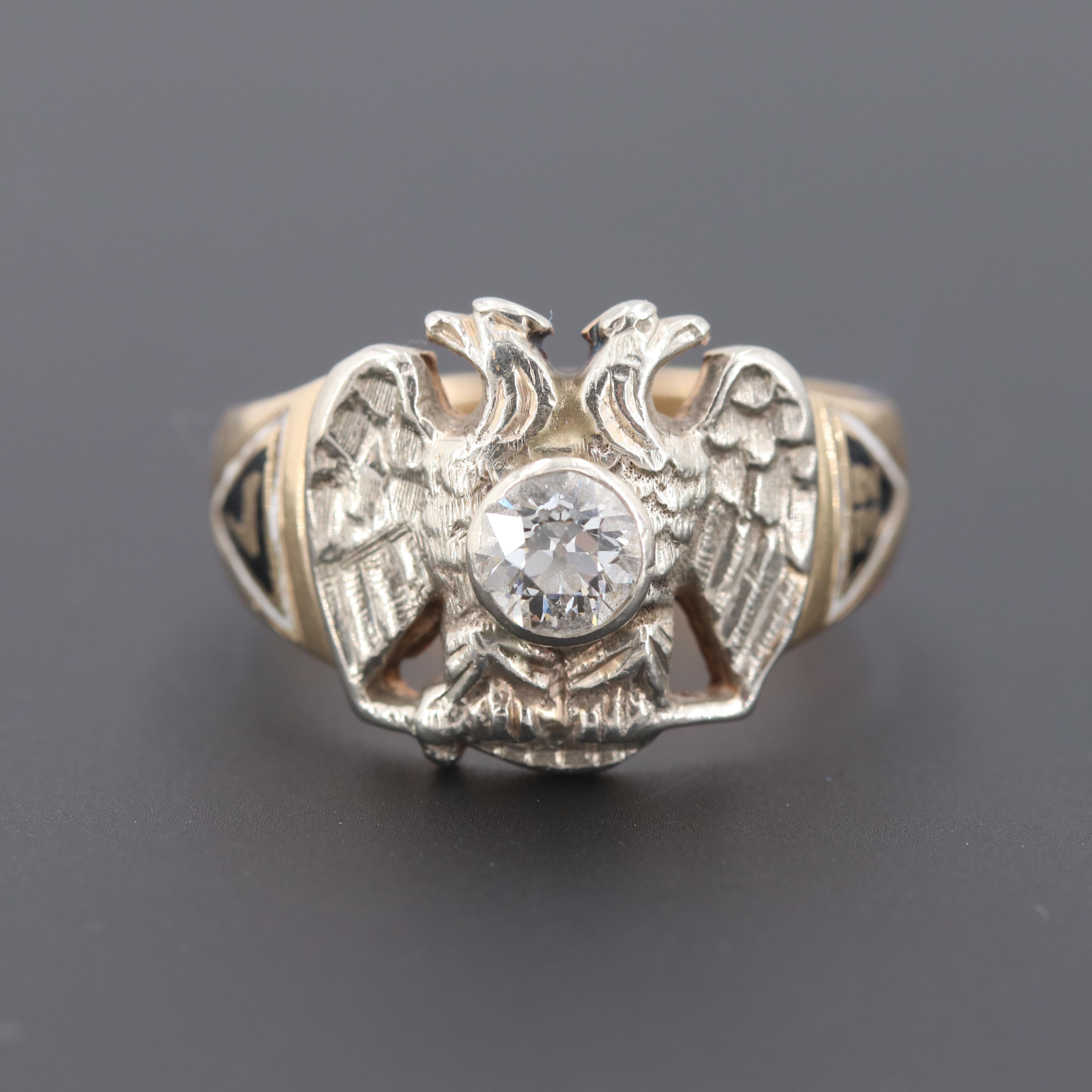 14K Gold Diamond Double Headed Eagle 32nd Degree Scottish Rite Masonic Ring