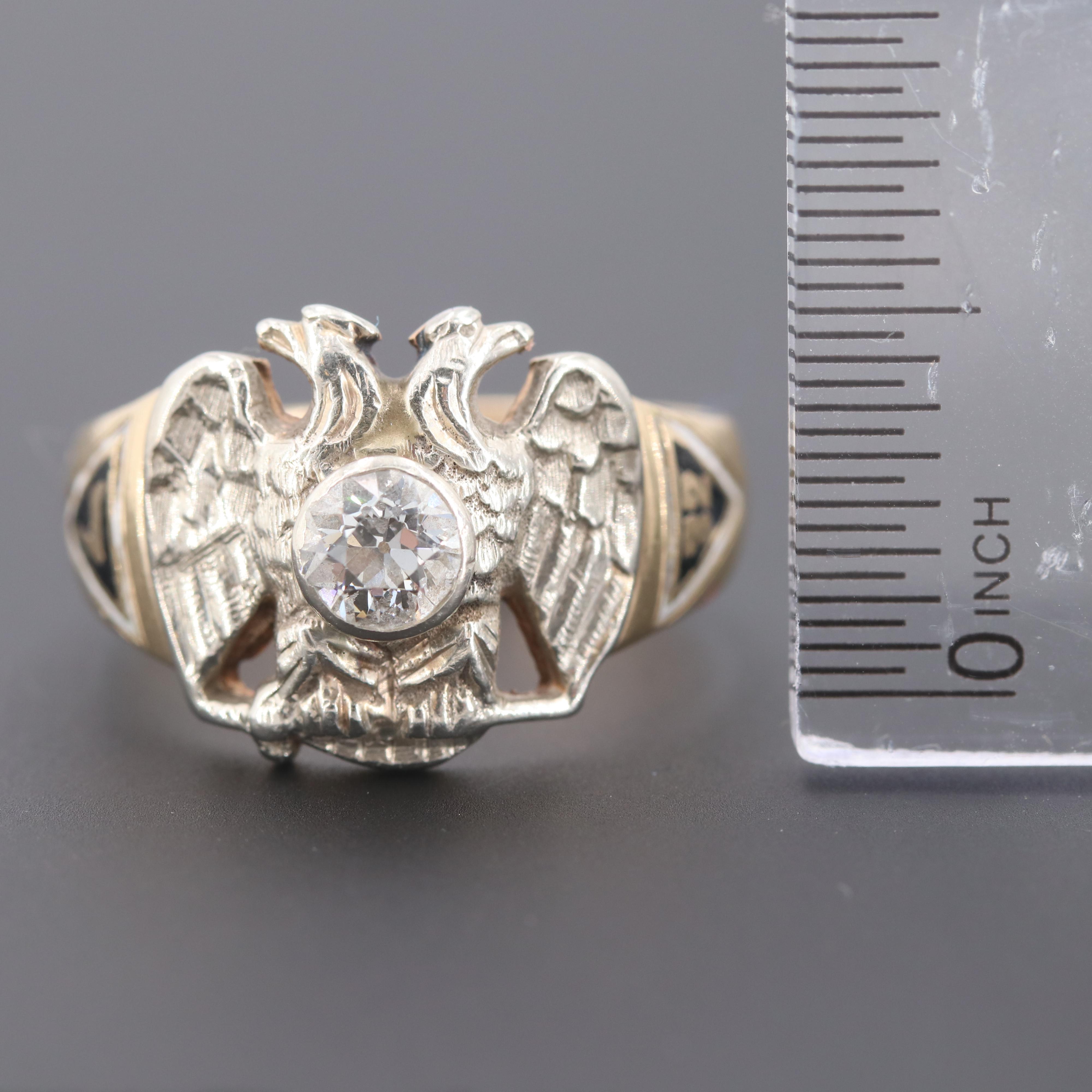 14K Gold Diamond Double Headed Eagle 32nd Degree Scottish Rite Masonic Ring