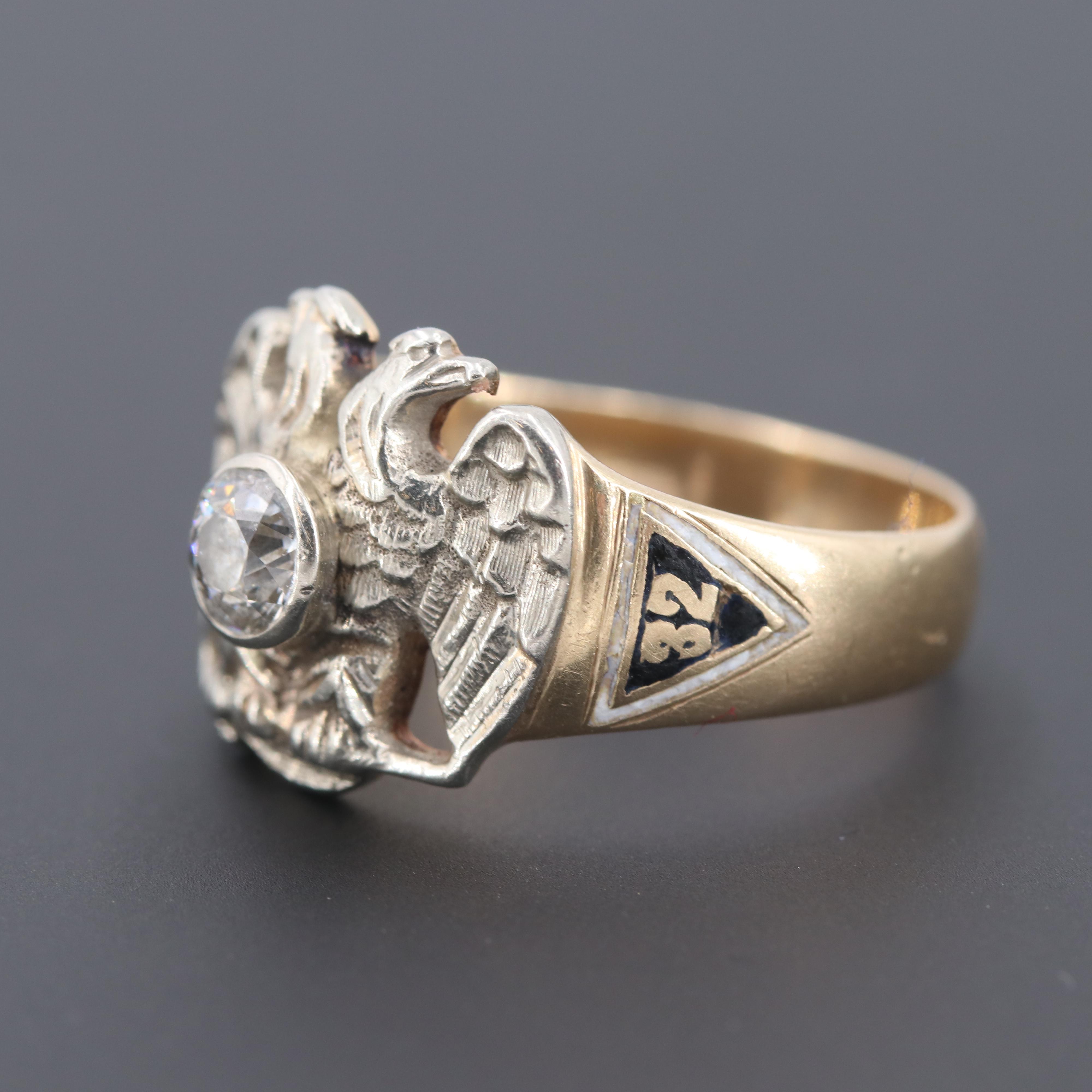 14K Gold Diamond Double Headed Eagle 32nd Degree Scottish Rite Masonic Ring