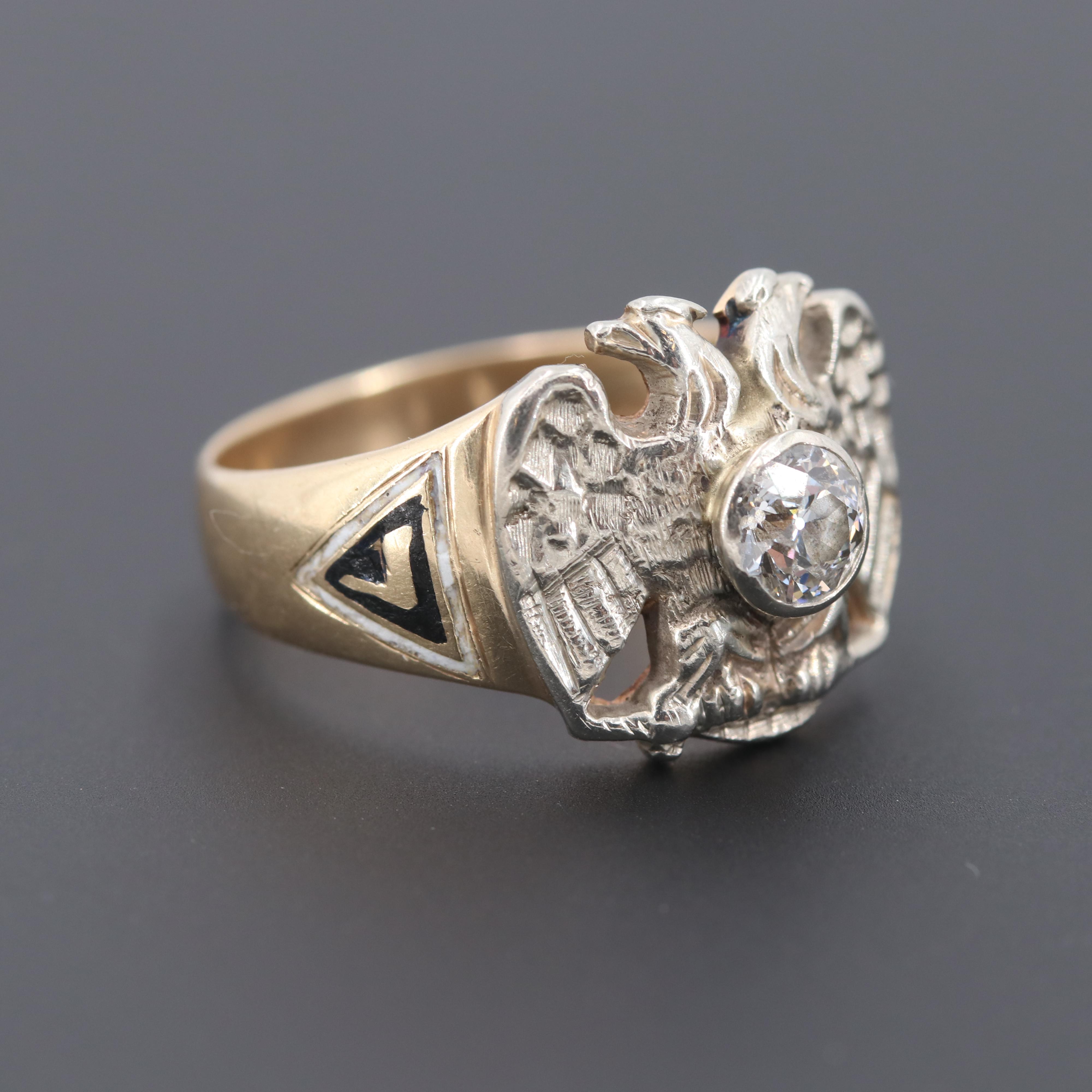 14K Gold Diamond Double Headed Eagle 32nd Degree Scottish Rite Masonic Ring