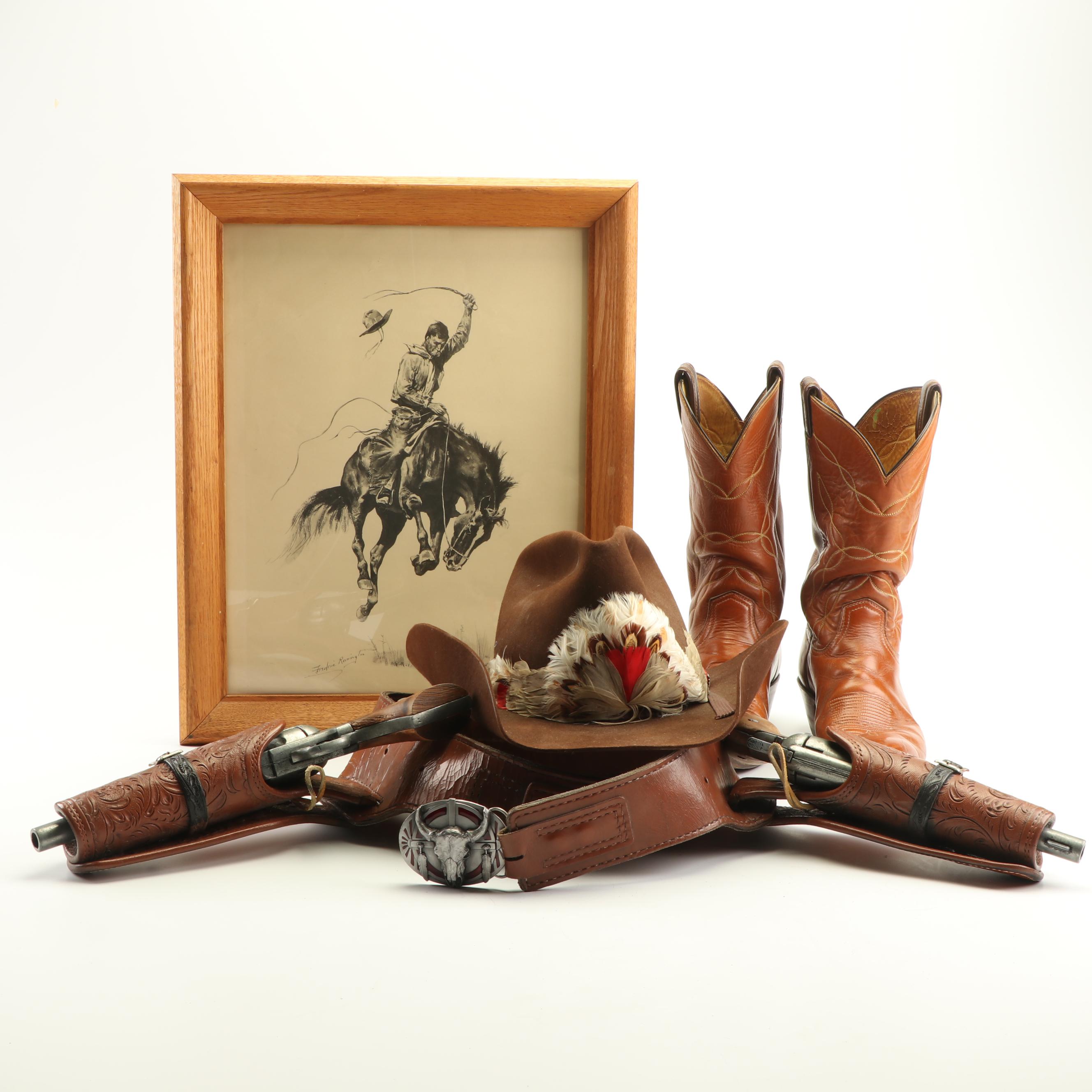 Tony Lama Boots, Stetson Hat, and Replica Guns in Holster with Remington Print
