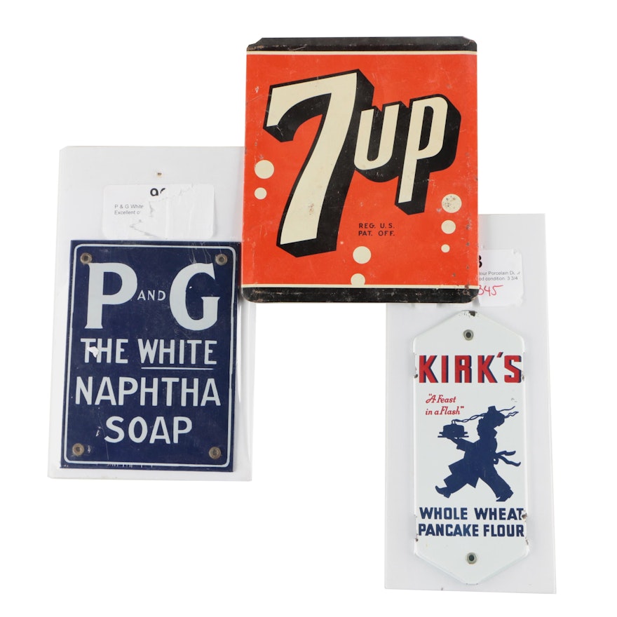 P&G and Kirk's Porcelain Advertisement Plaques with 7 UP Sign, Vintage
