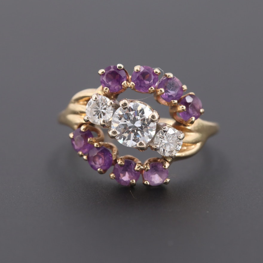 14K Yellow Gold Diamond and Amethyst Ring