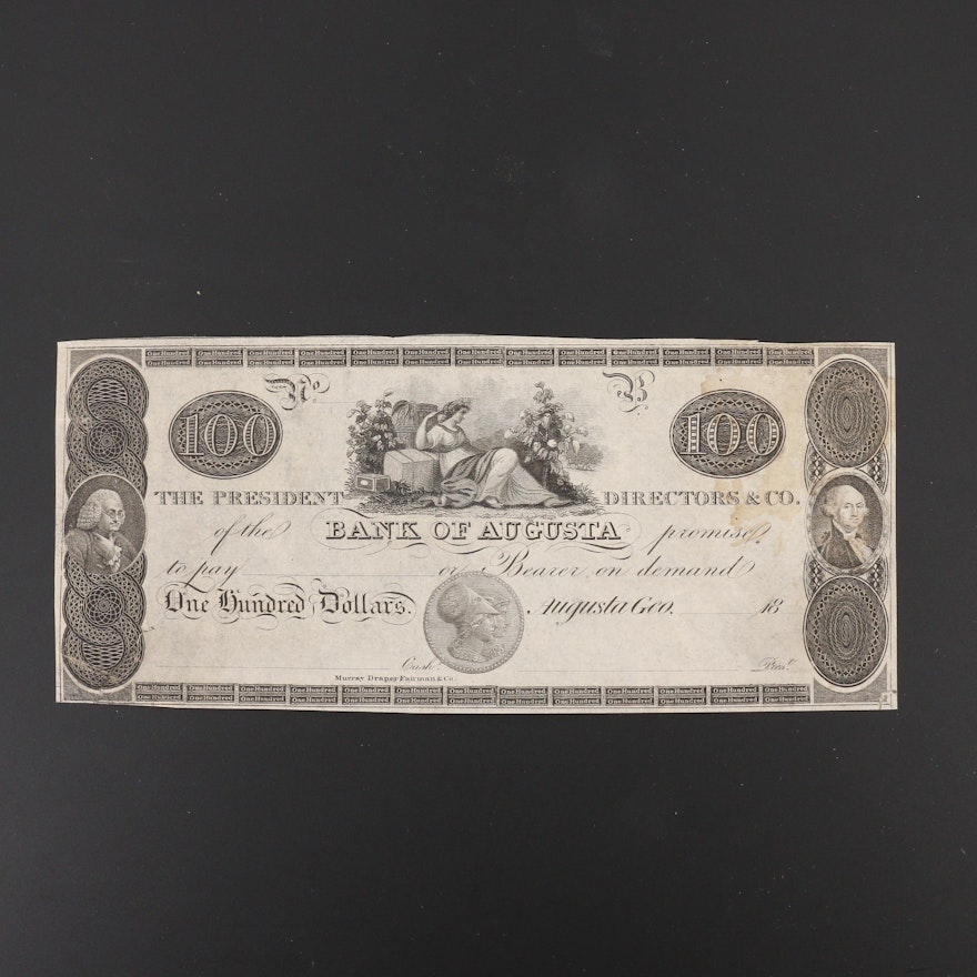 Unissued 19th century $100 banknote from the Bank of Augusta