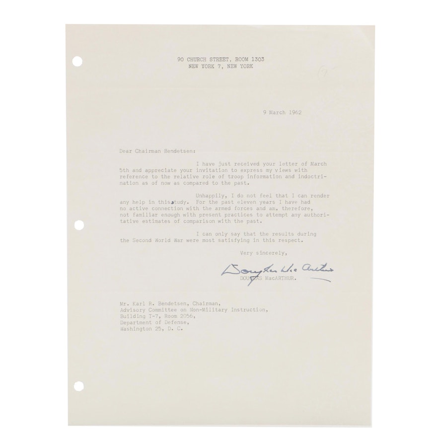 Douglas MacArthur Signed Letter  Visual COA