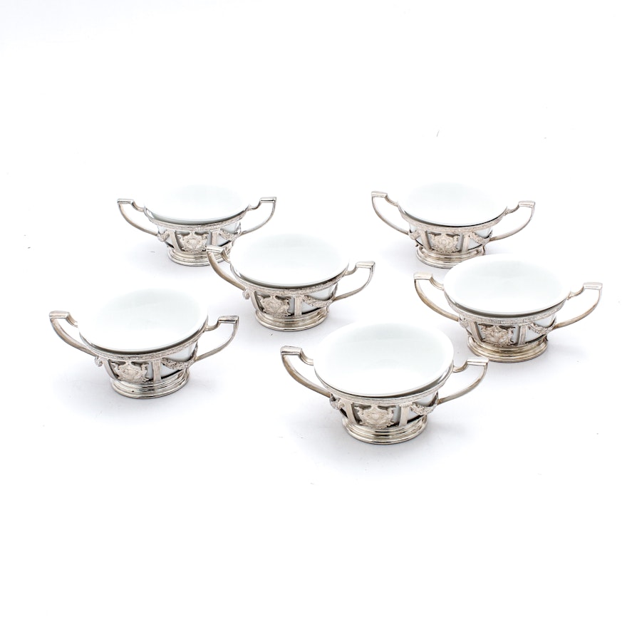 Silver Tone Metal Cream Soup Holder with Ceramic Inserts