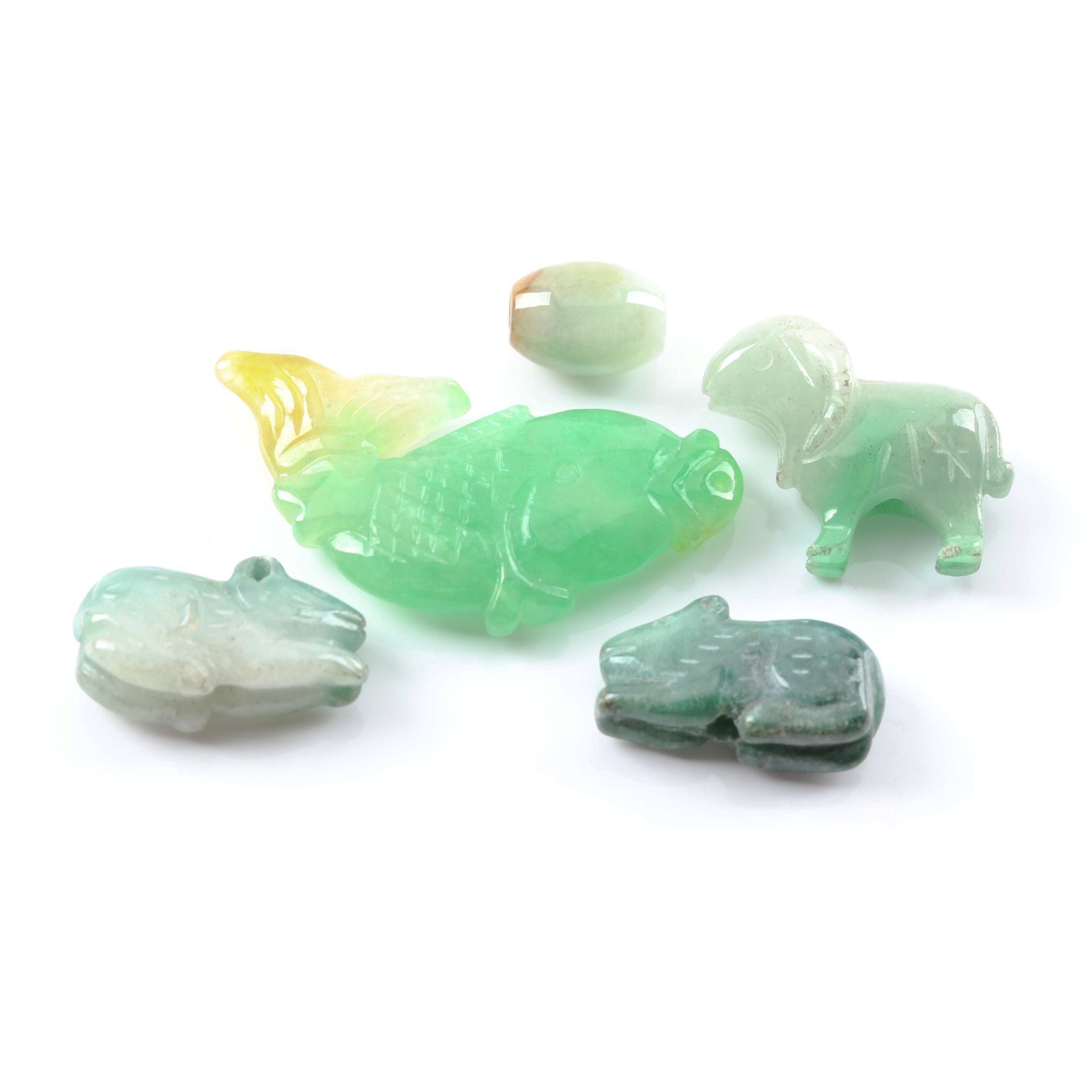 Loose Carved Jadeite Beads and Carved Jadeite Fish Figure