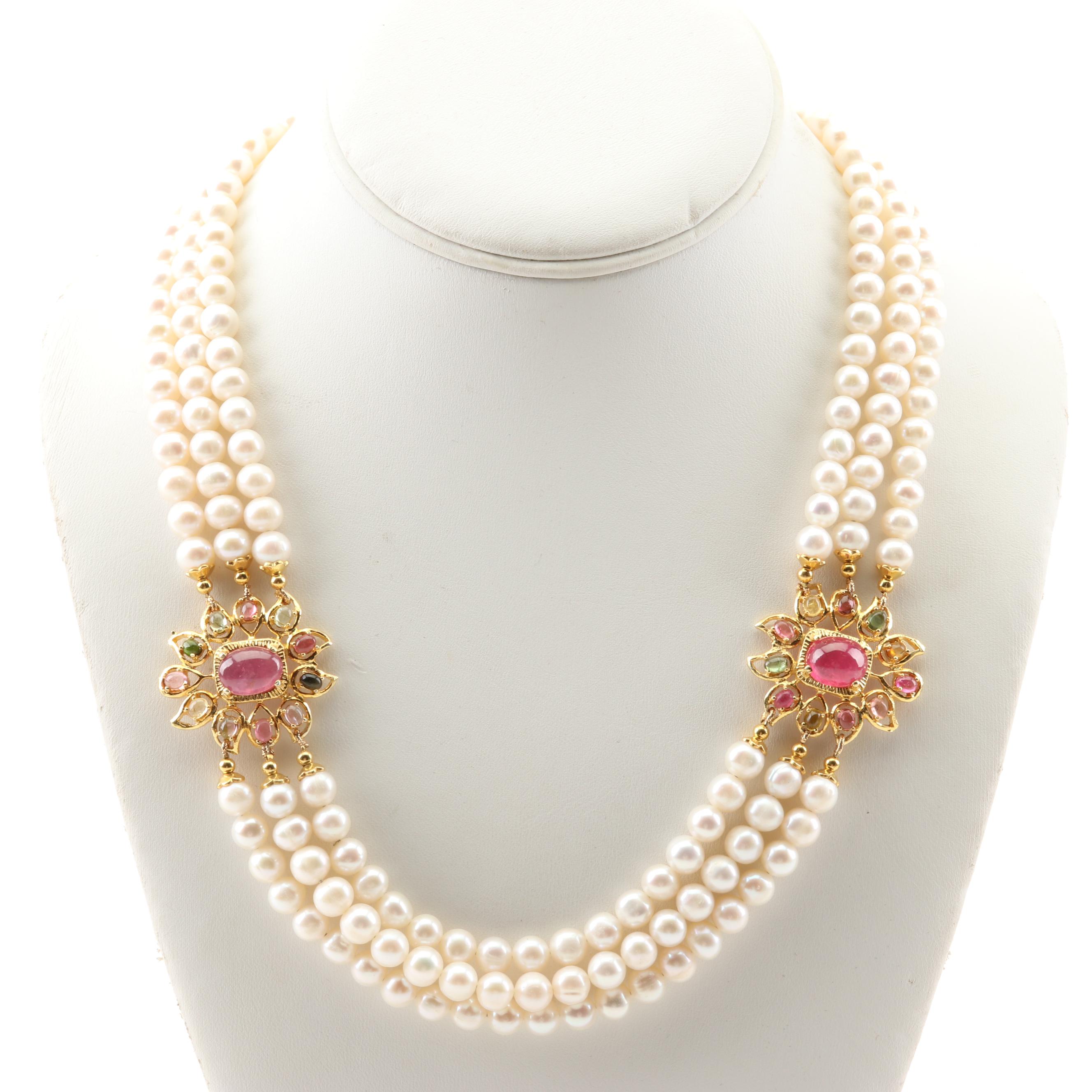 Gold Wash Over Sterling Freshwater Pearl, 13.26 CTW Tourmaline, Ruby Necklace