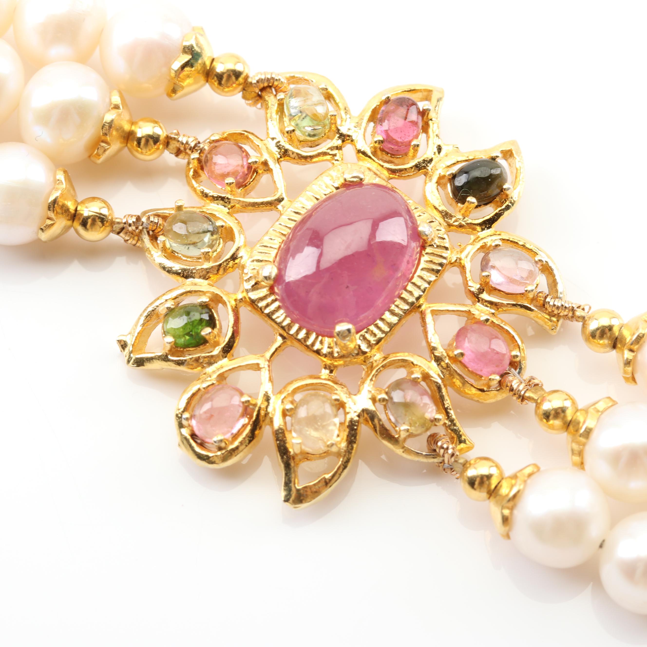 Gold Wash Over Sterling Freshwater Pearl, 13.26 CTW Tourmaline, Ruby Necklace