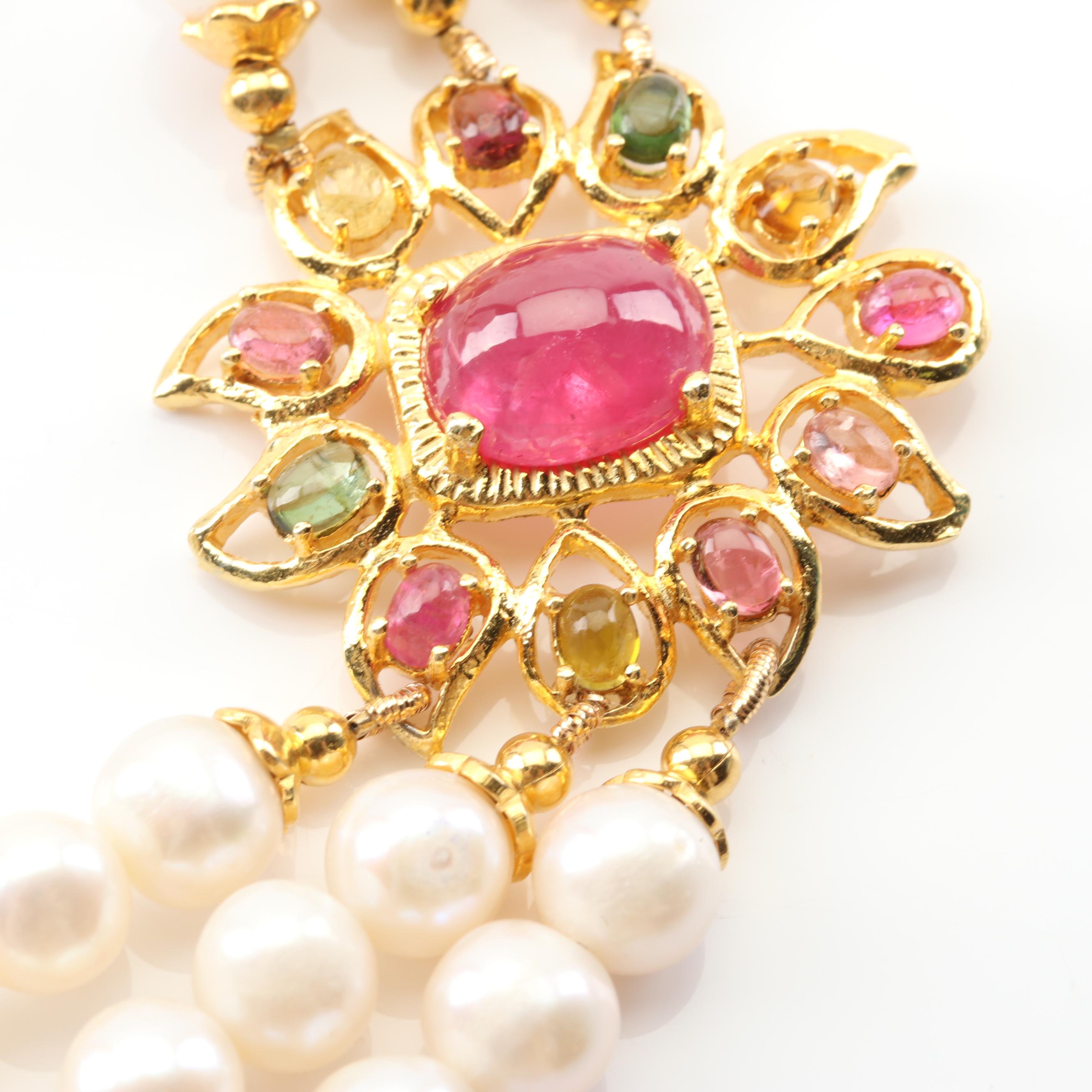 Gold Wash Over Sterling Freshwater Pearl, 13.26 CTW Tourmaline, Ruby Necklace