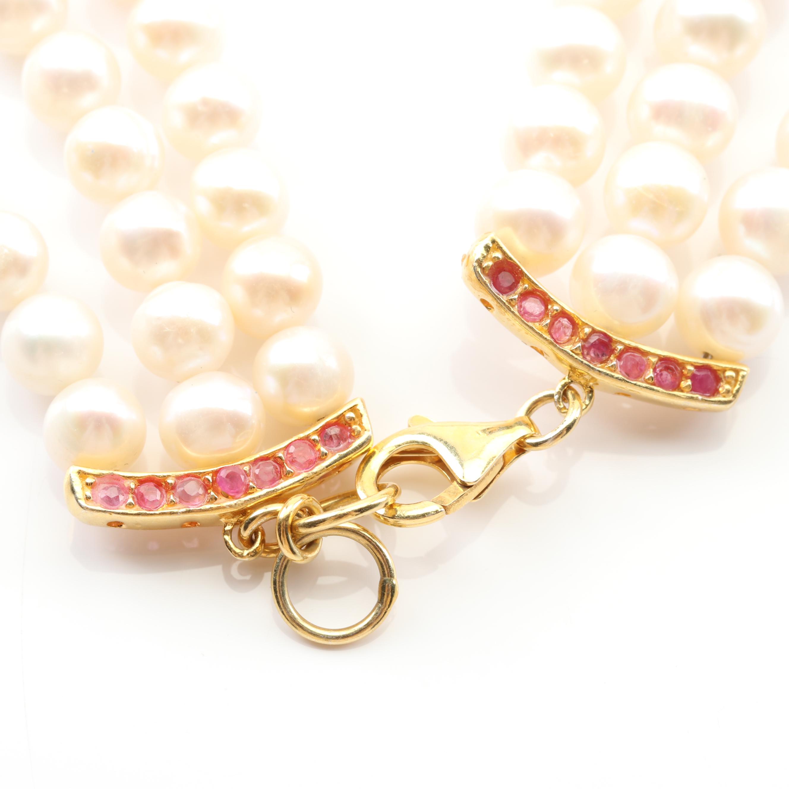 Gold Wash Over Sterling Freshwater Pearl, 13.26 CTW Tourmaline, Ruby Necklace