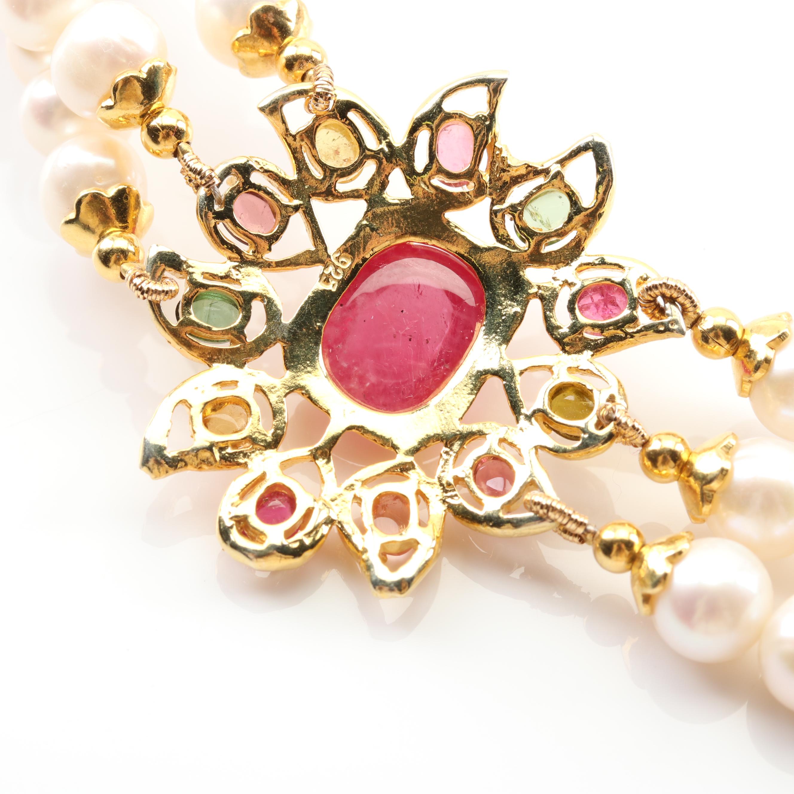 Gold Wash Over Sterling Freshwater Pearl, 13.26 CTW Tourmaline, Ruby Necklace