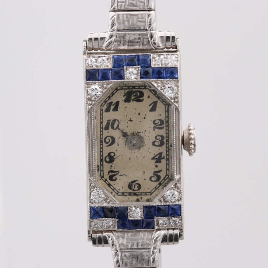 Swiss Platinum Sapphire and Diamond Wristwatch