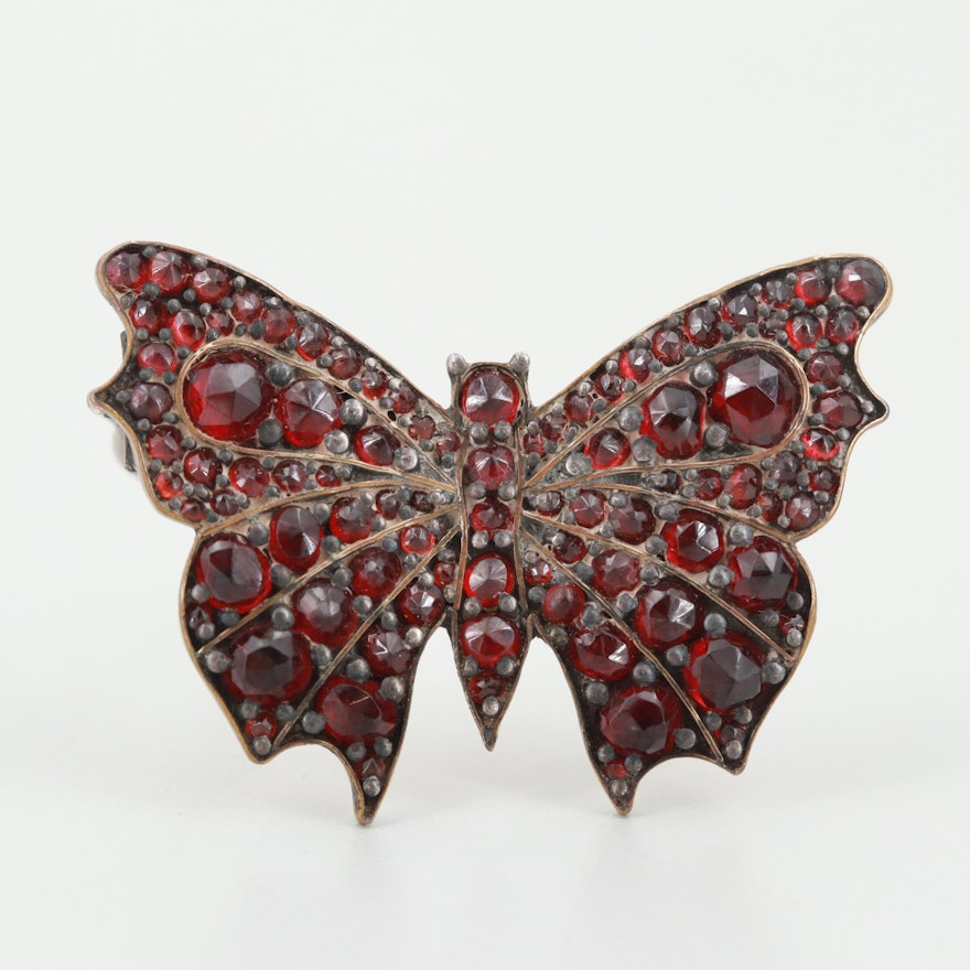 Victorian Gold Tone Garnet Butterfly Brooch